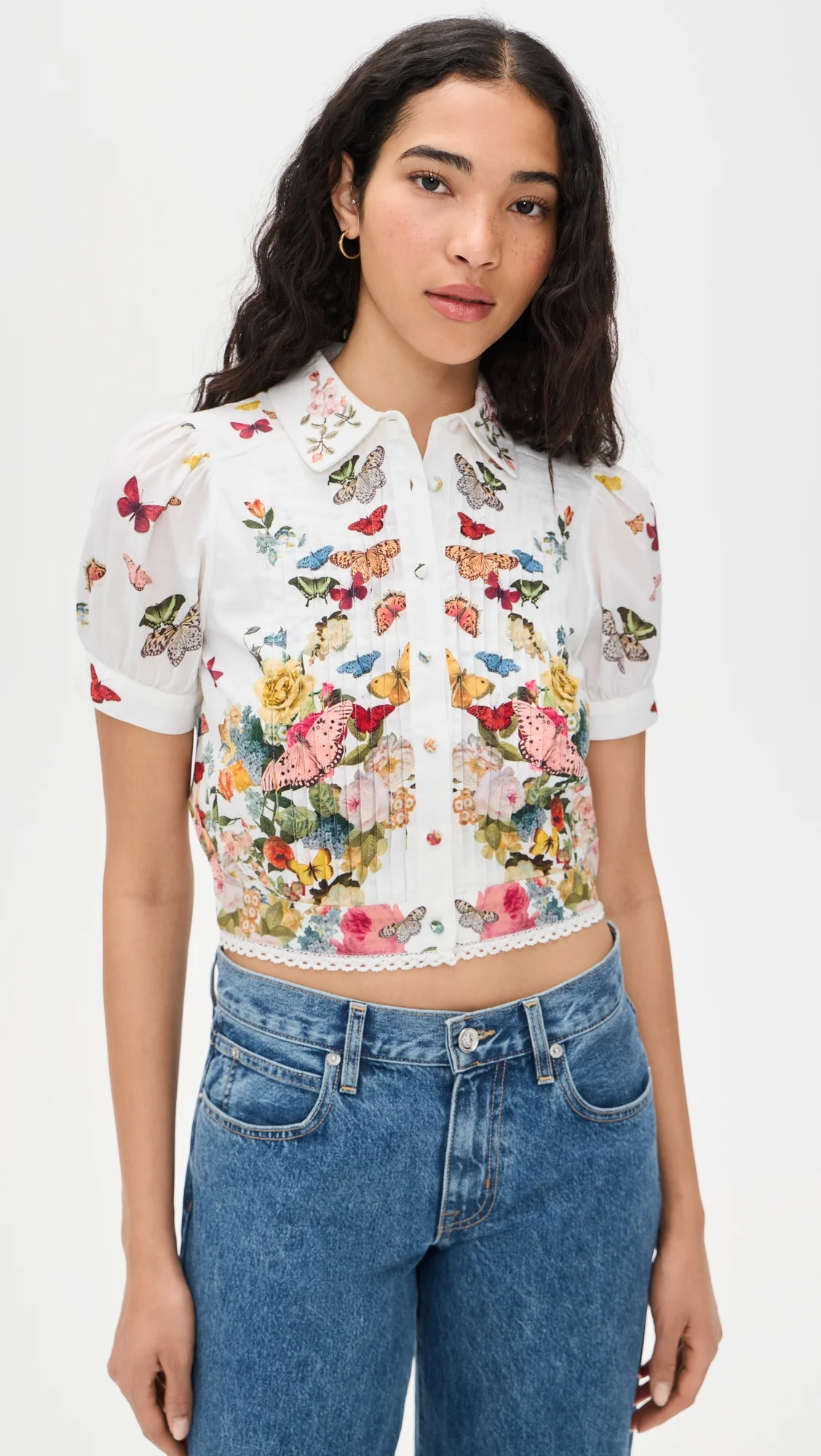 Rosie Embroidered Puff Sleeve Cropped Button Down Blouse - 1