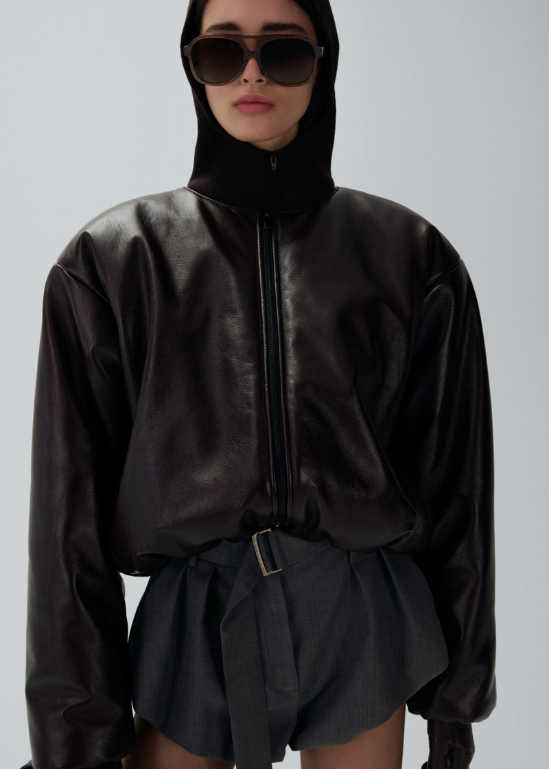 MAGDA BUTRYM Collarless leather puffer jacket in burgundy outlook
