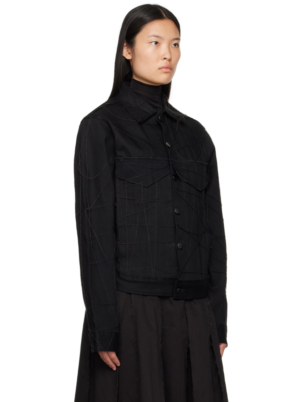 Black Stitched Denim Jacket - 2