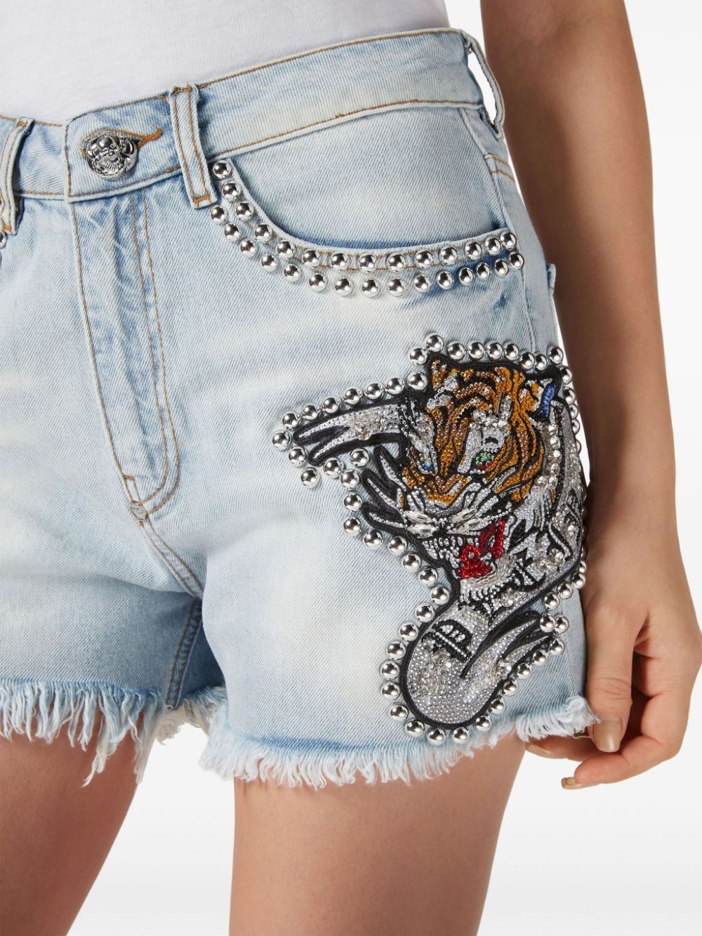 Tattoo stud-embellished denim shorts - 5