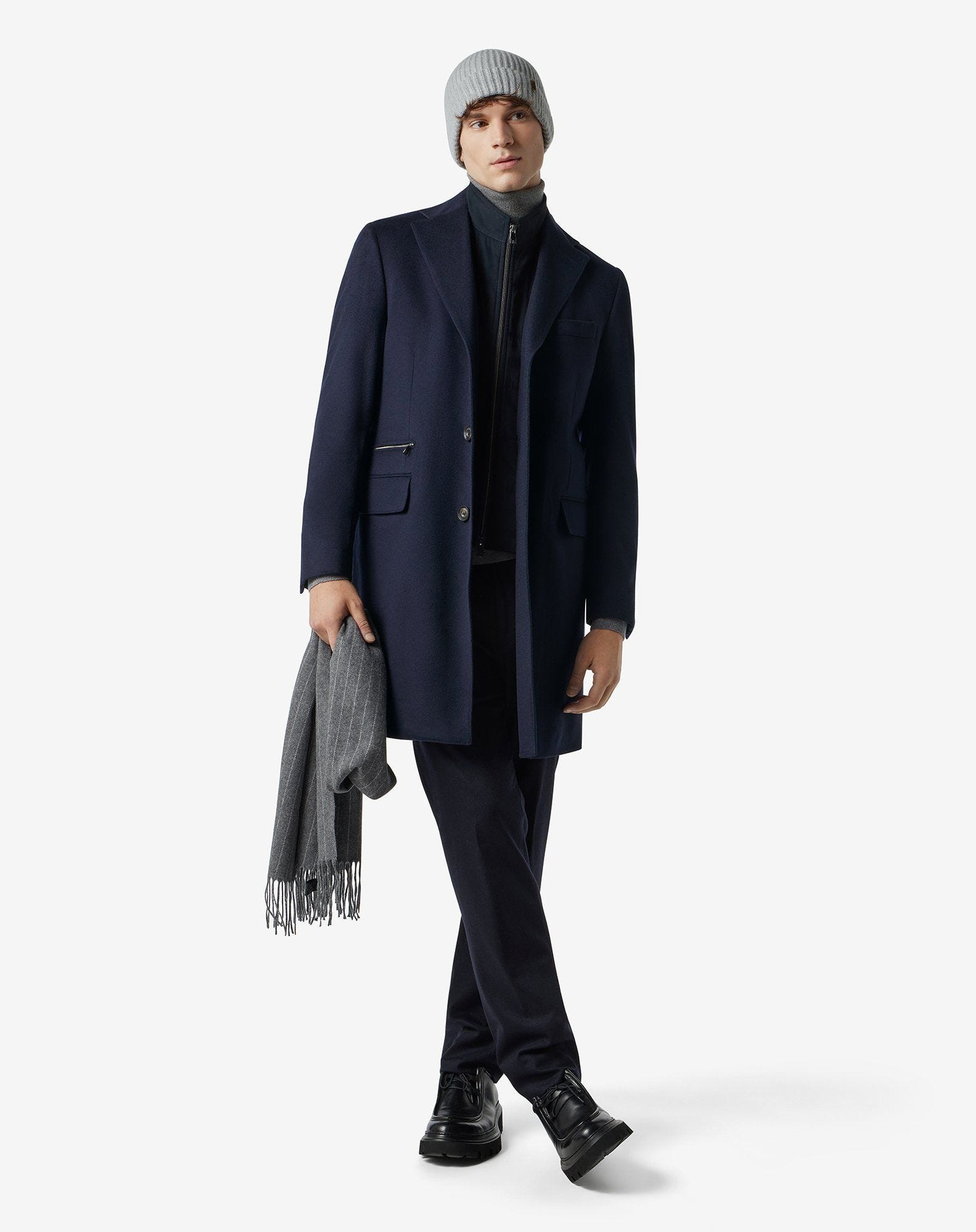 Dark blue pure wool coat with detachable vest - 2