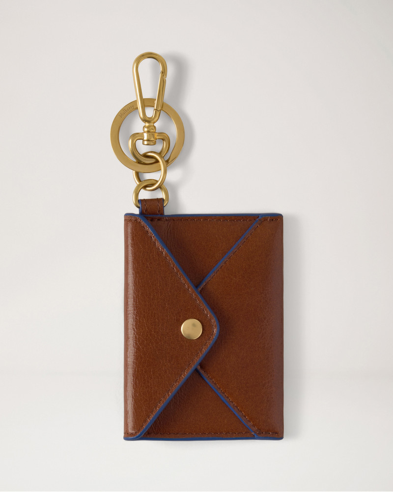 Love Letter Card Slip Keyring Oak & Pigment Blue Smooth Glossy Leather 1