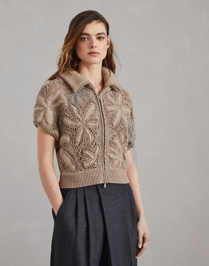 Handmade Flower Crochet OPERA cardigan in cashmere Feather yarn 1