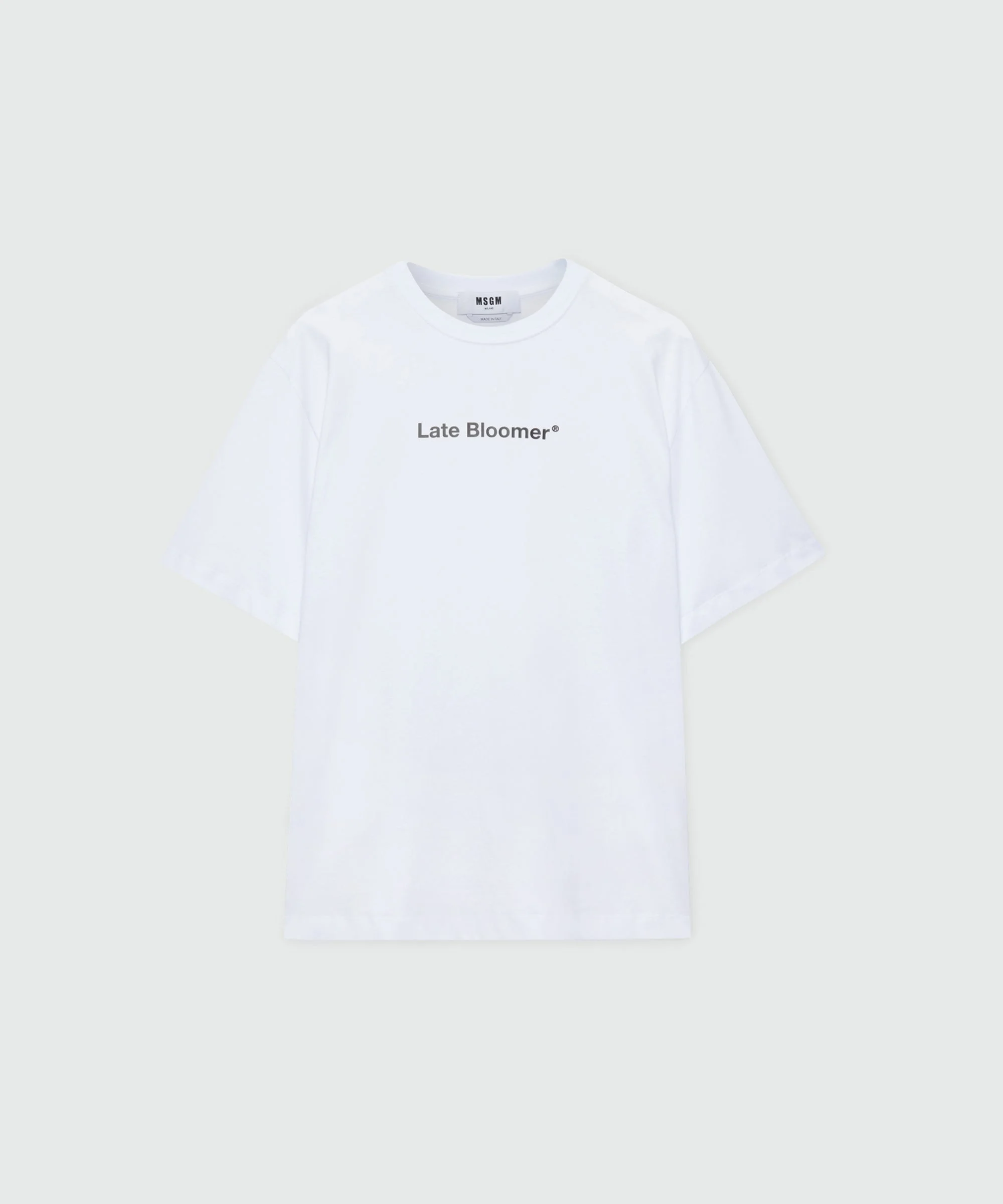 White short-sleeve cotton jersey T-shirt with "Late Bloomer" quote print on the front - 1