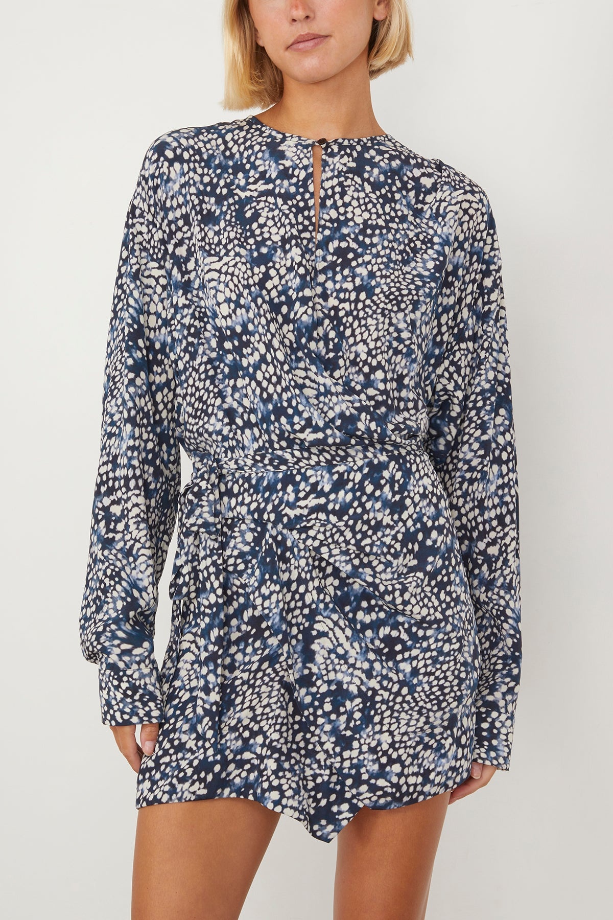 Habla Floral Asymmetric Long Sleeve Wrap Dress in Midnight/White - 3