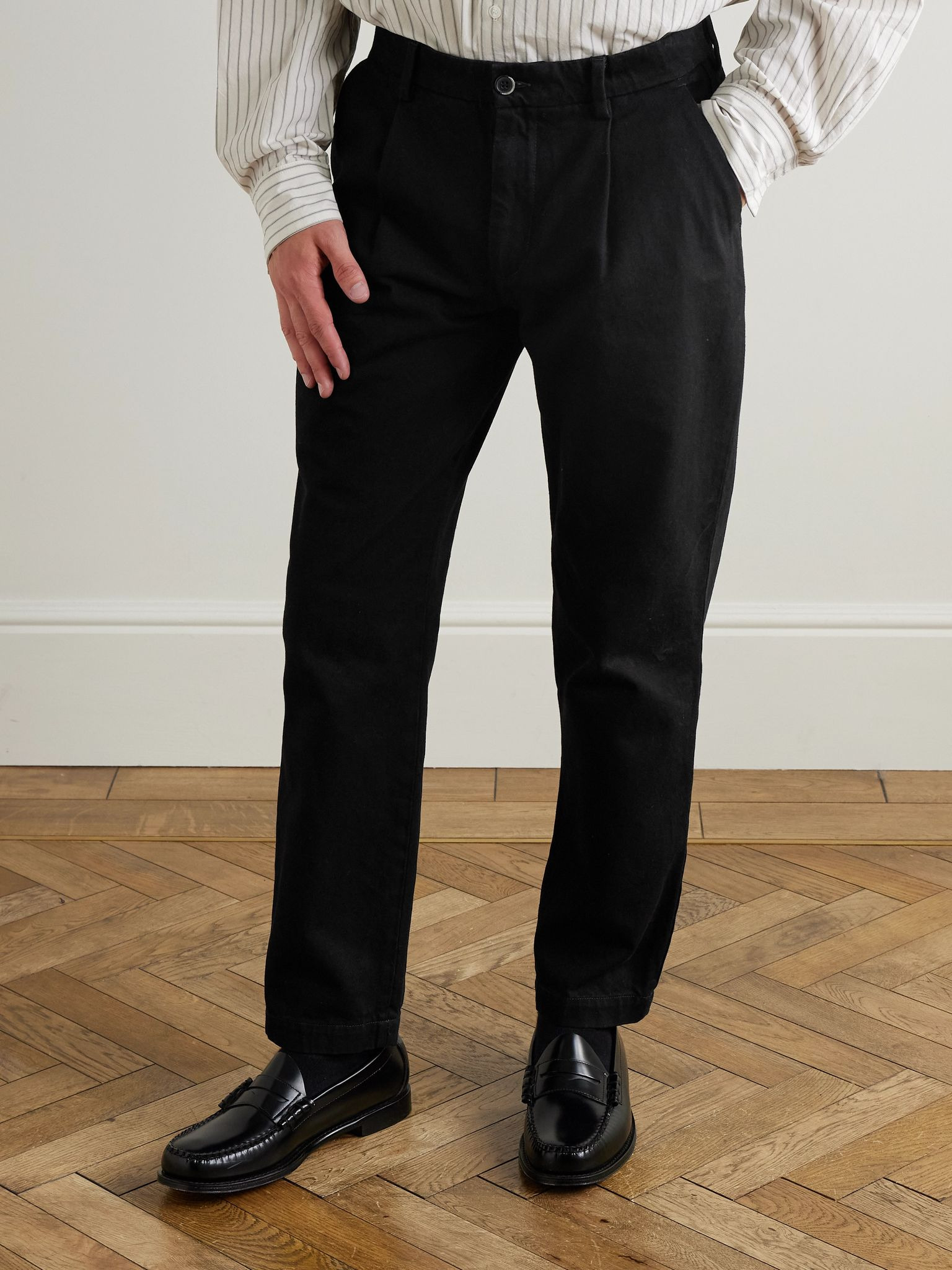 Straight-Leg Pleated Cotton-Gabardine Trousers Black - 3