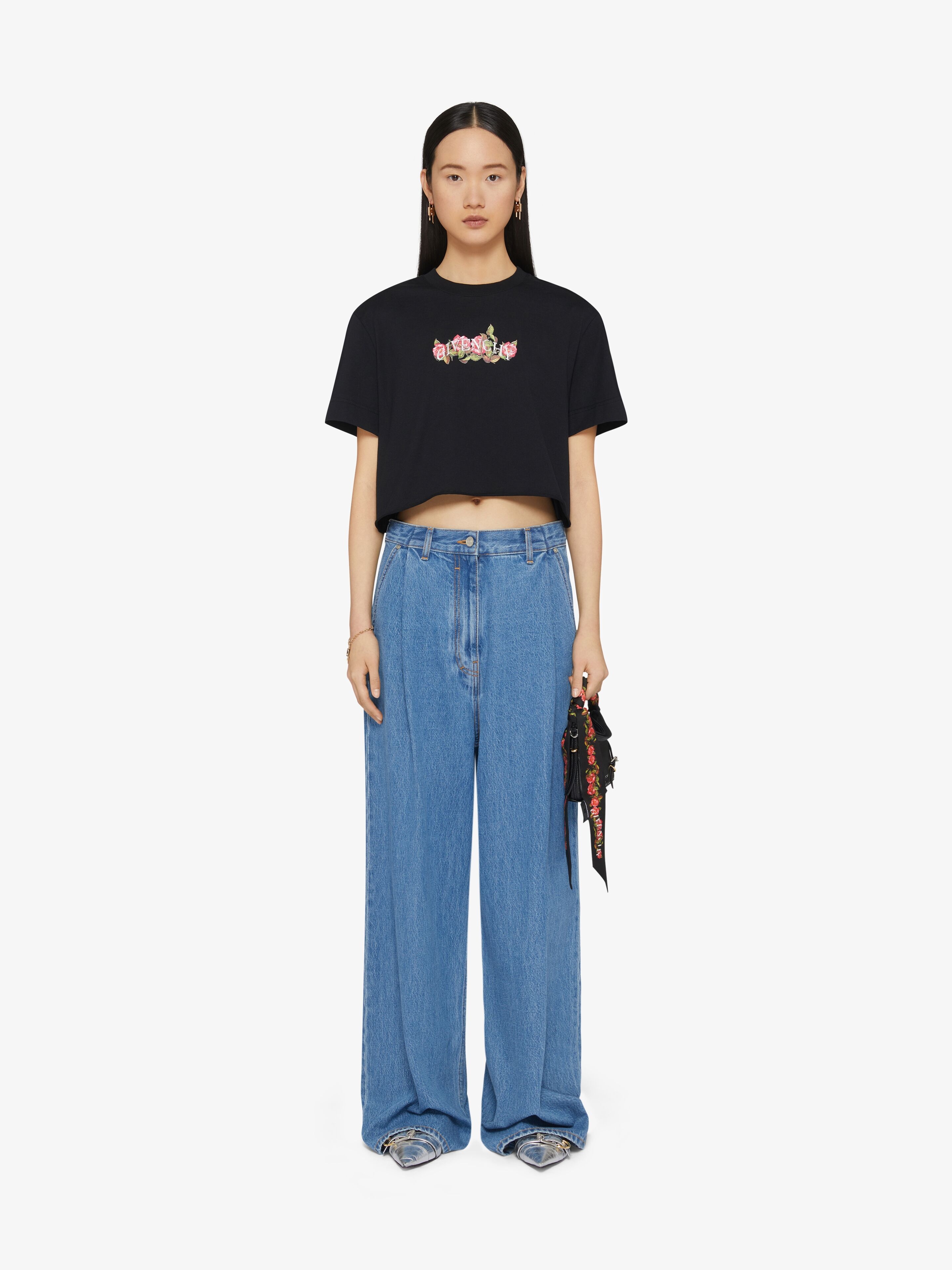 GIVENCHY CROPPED T-SHIRT IN COTTON WITH ROSES PRINT - 4