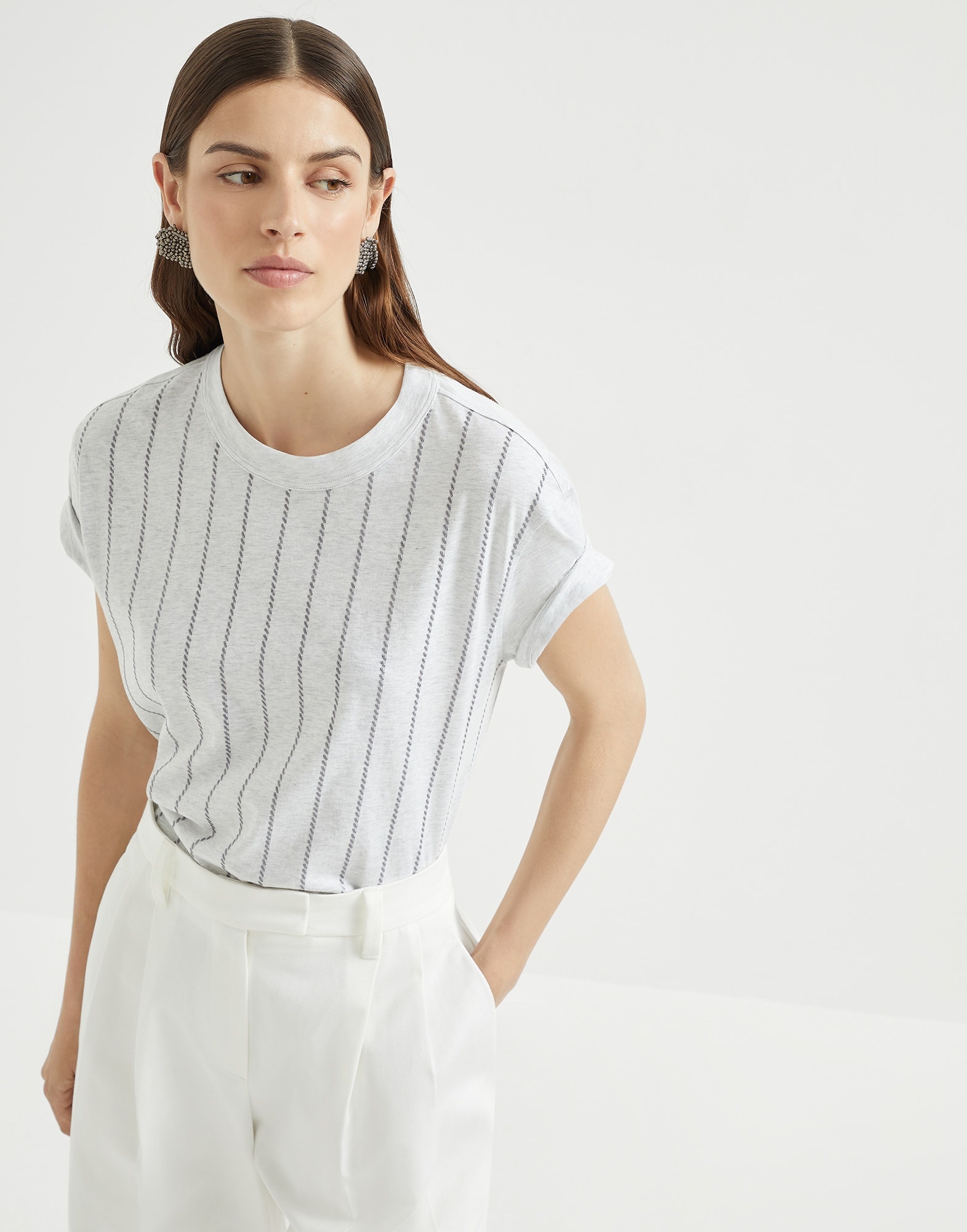 Cotton jersey T-shirt with dazzling chalk stripe embroidery - 4