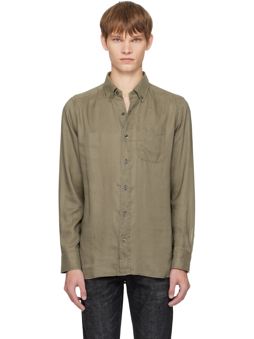 Khaki Gabardine Slim Fit Shirt - 1