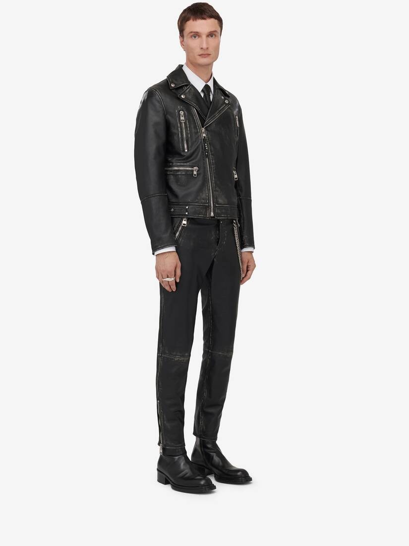 Men's Leather Biker Jacket in Black/ivory - 3