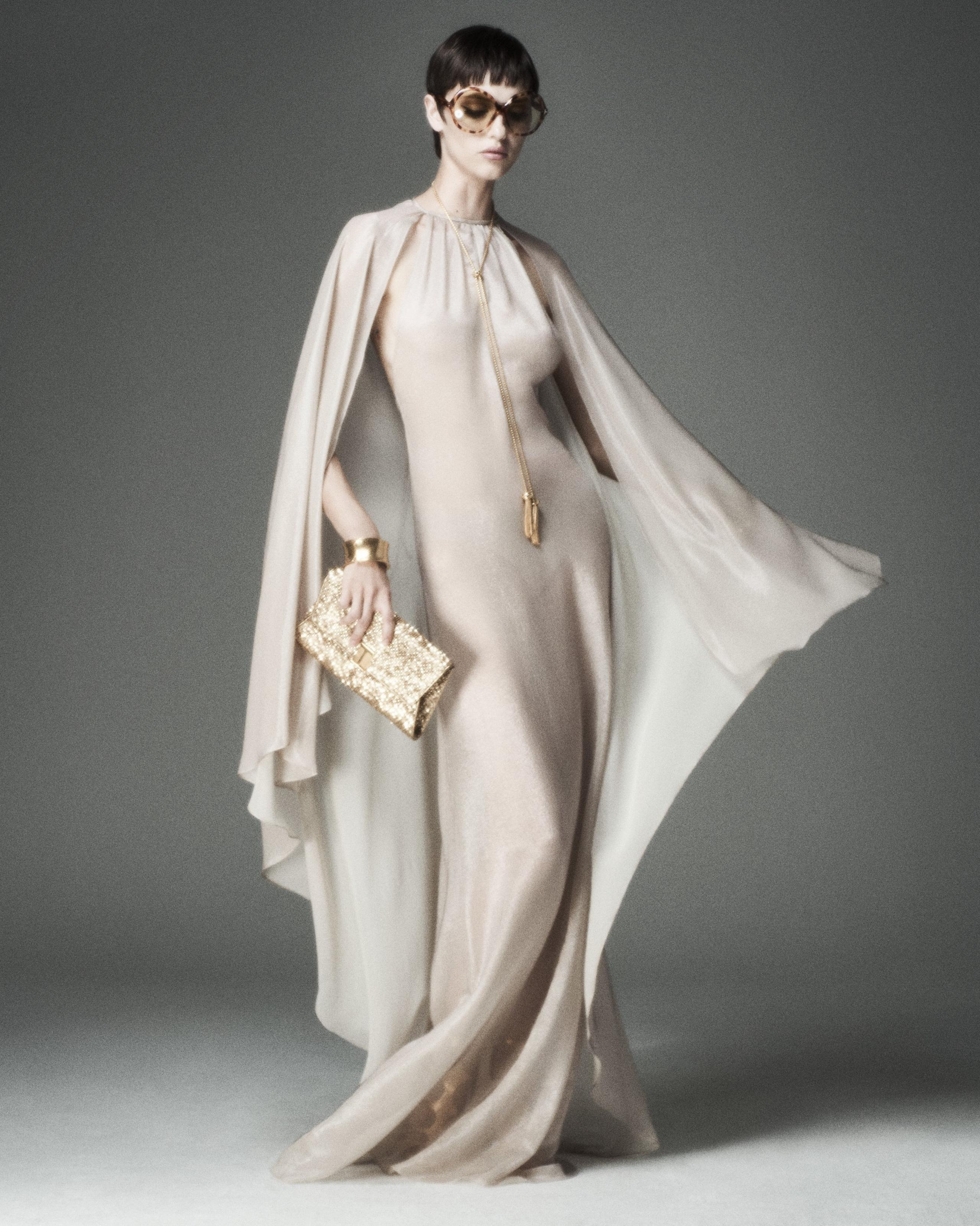 EVENING DRESS WITH KEYHOLE NECKLINE AND ASYMMETRIC CAPE - 3