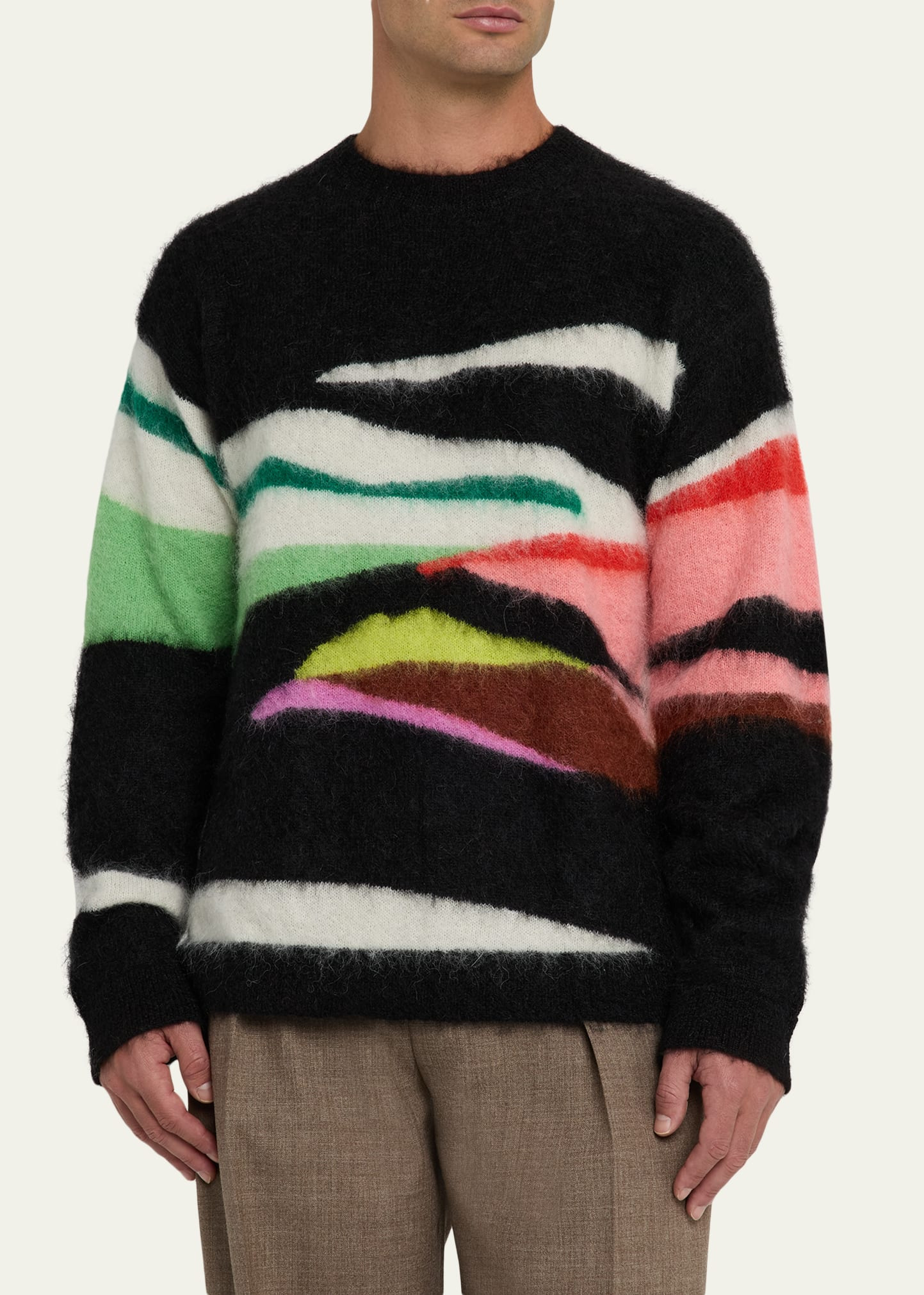 Men's Abstract Intarsia Brushed Mohair Crewneck Sweater - 4