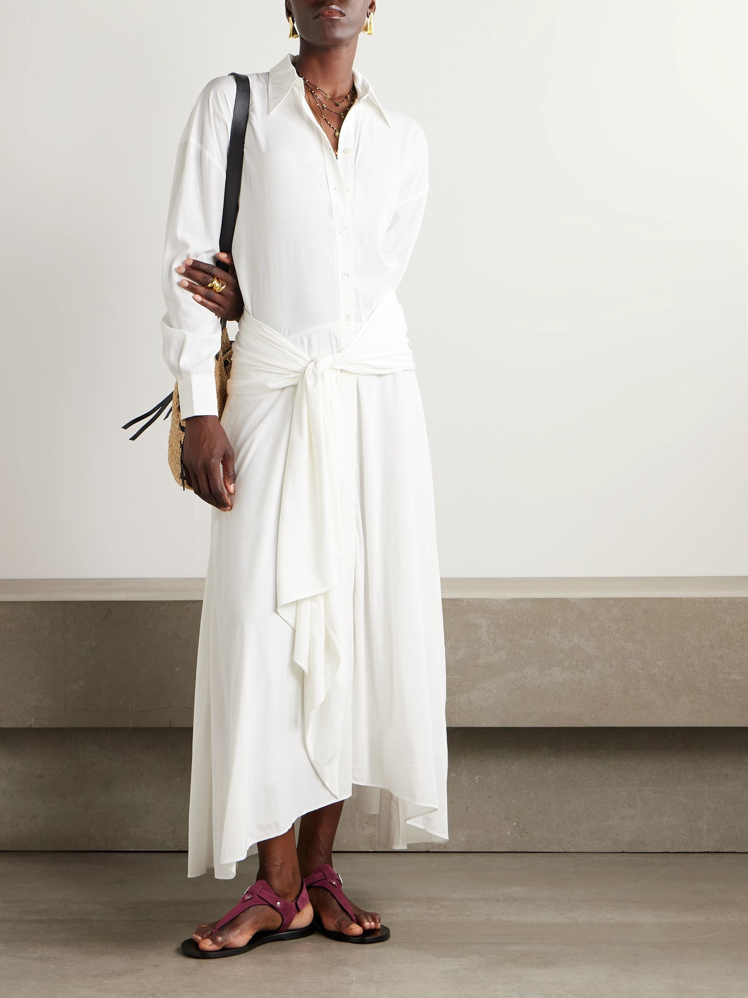 Samantha belted asymmetric modal-blend midi shirt dress White - 2
