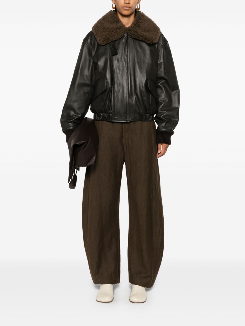 shearling collar leather jacket - 2