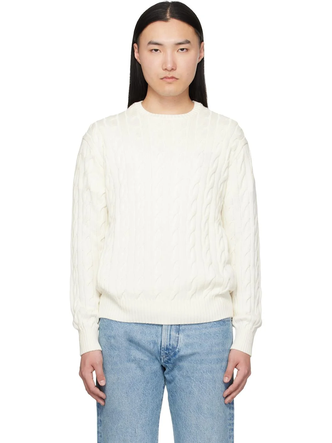 White Cotton Silk Cable Crewneck Sweater - 1