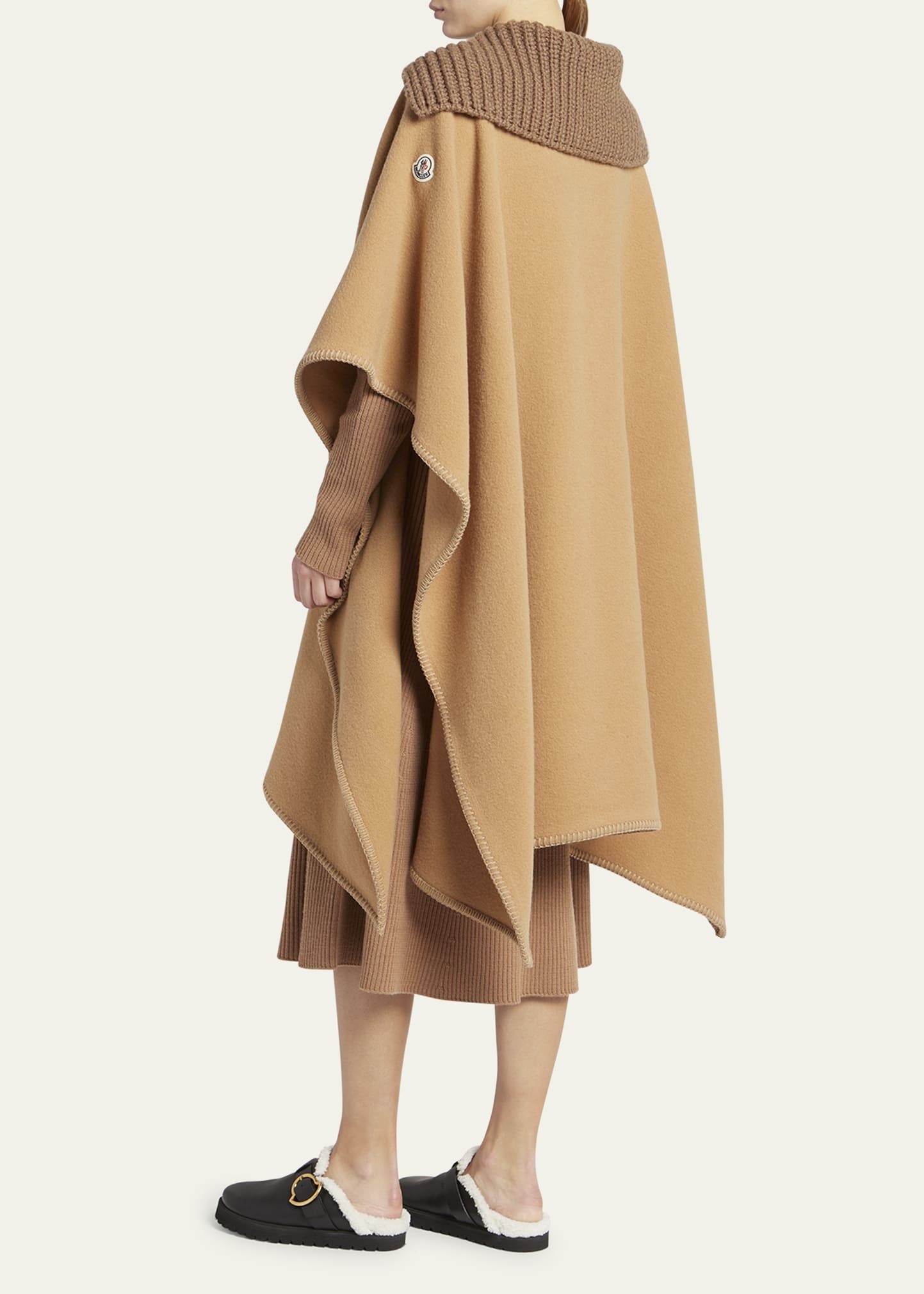 Wool Long Cape with Knit Collar - 3