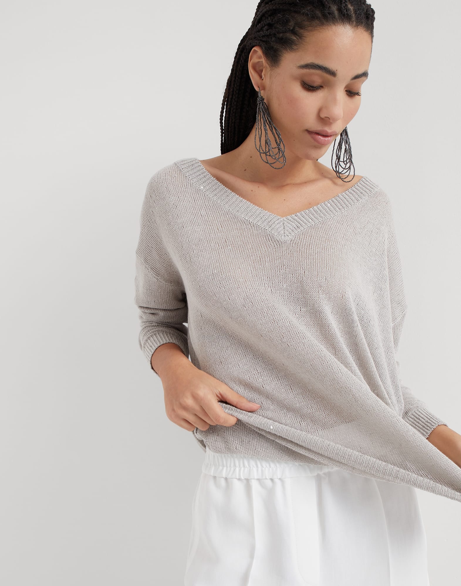Linen and silk Diamond yarn sweater with monili - 4
