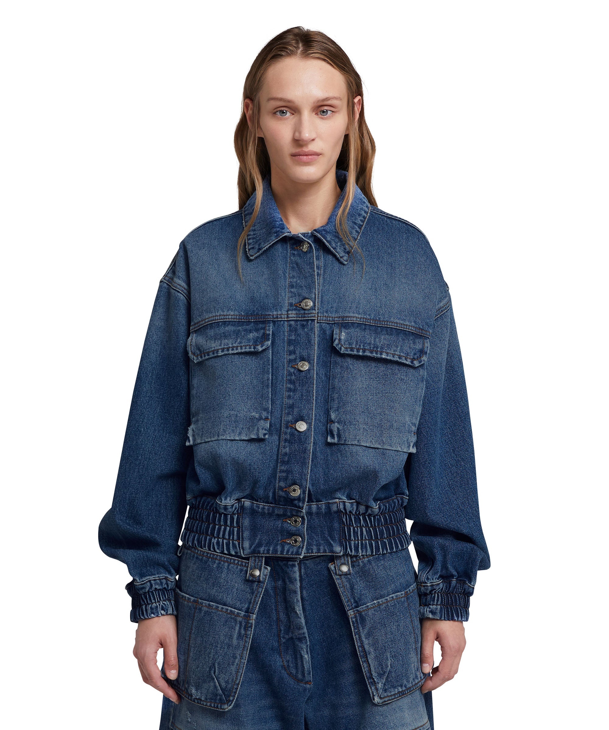 Blue denim pocketed crop jacket - 2