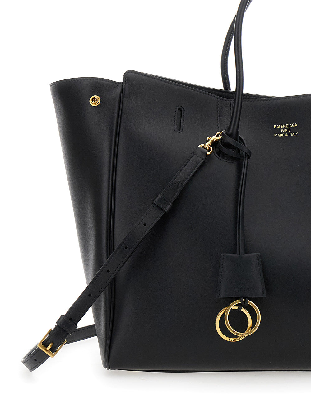 Balenciaga Women 'Hampton Medium' Black Handbag With Embossed Logo On The Front And Removable Key Ri - 5