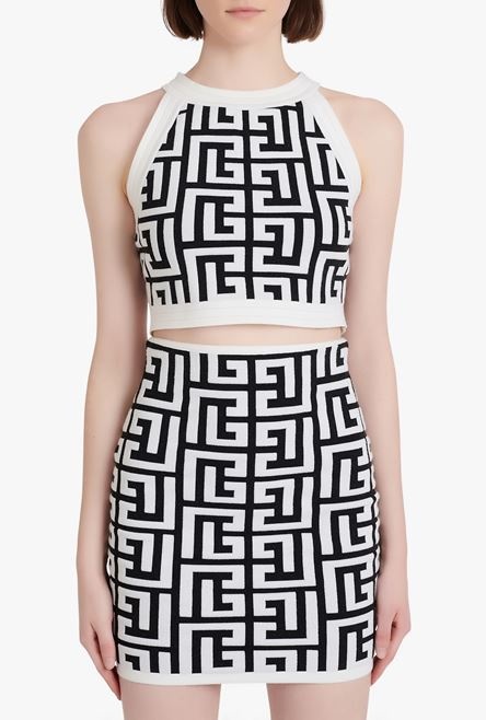 Black and white knit crop top with Balmain monogram - 5