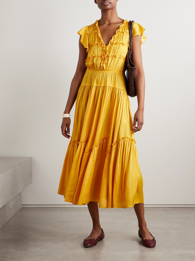 LA LIGNE Pintucked Ruffled Satin Midi Dress outlook