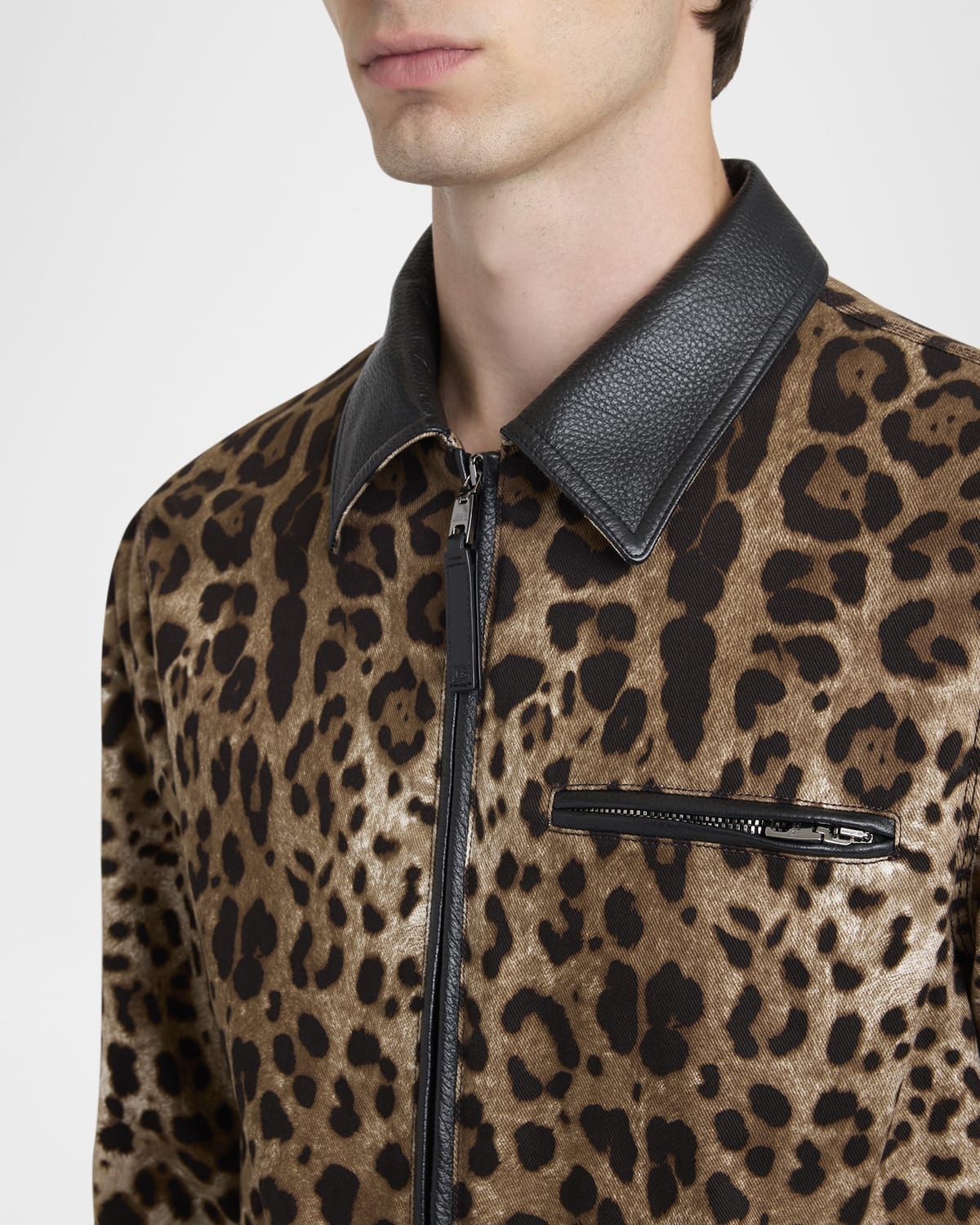 Dolce & Gabbana Men's Leopard-Print Leather-Trim Full-Zip
