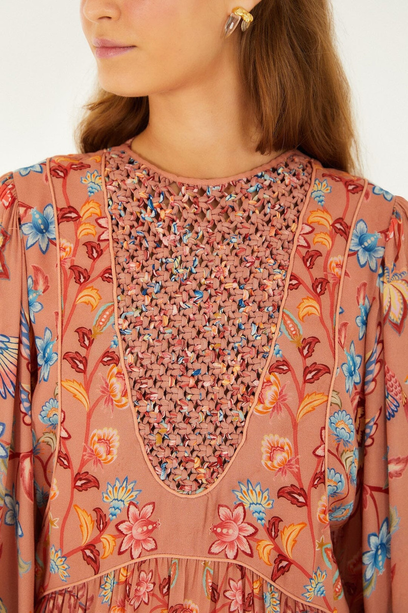 FARM RIO Mocha Boho Enhance Lace Long Sleeve Mini Dress outlook