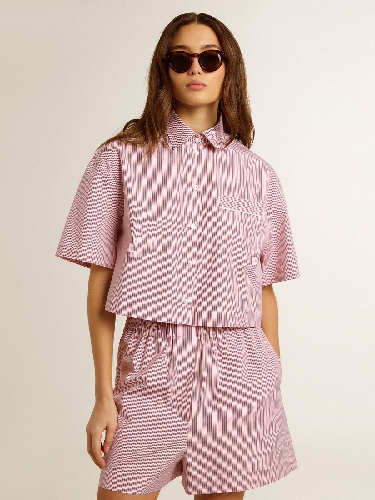 Women's cropped shirt in striped cotton poplin - 2