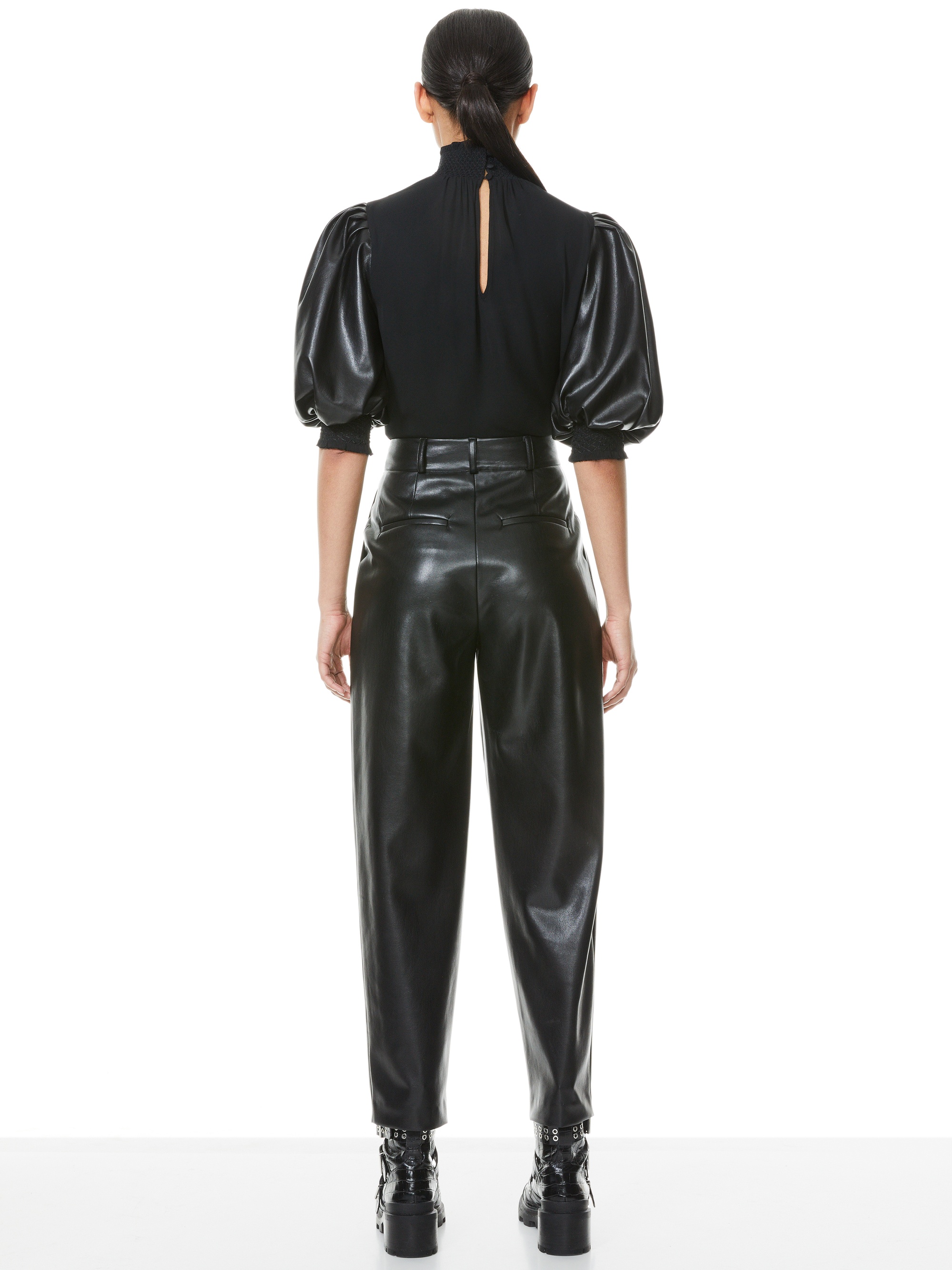 CARMINA VEGAN LEATHER SLEEVE BLOUSE - 3