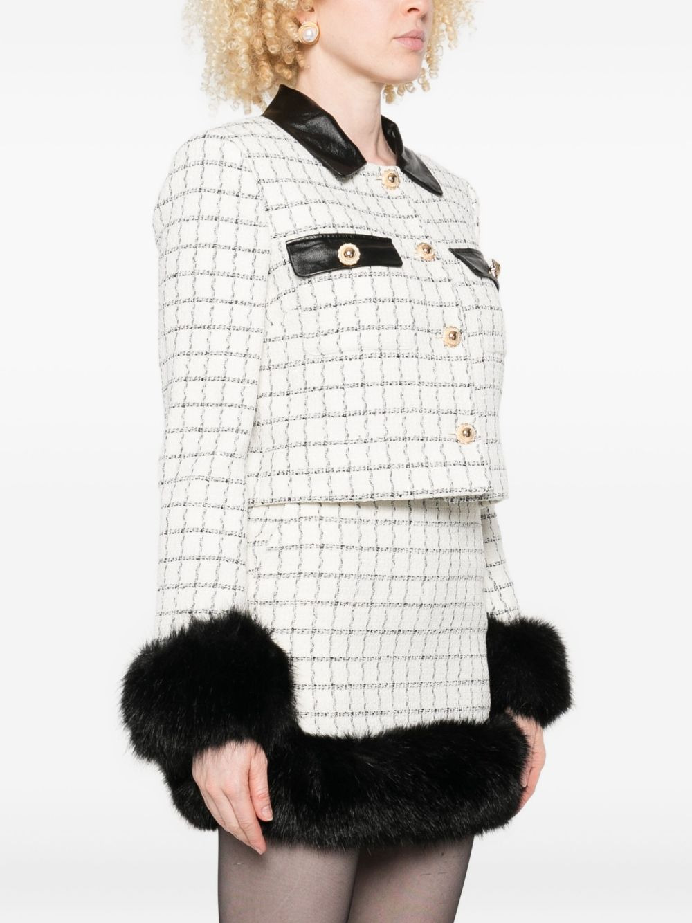 checked faux-fur cuff jacket - 3