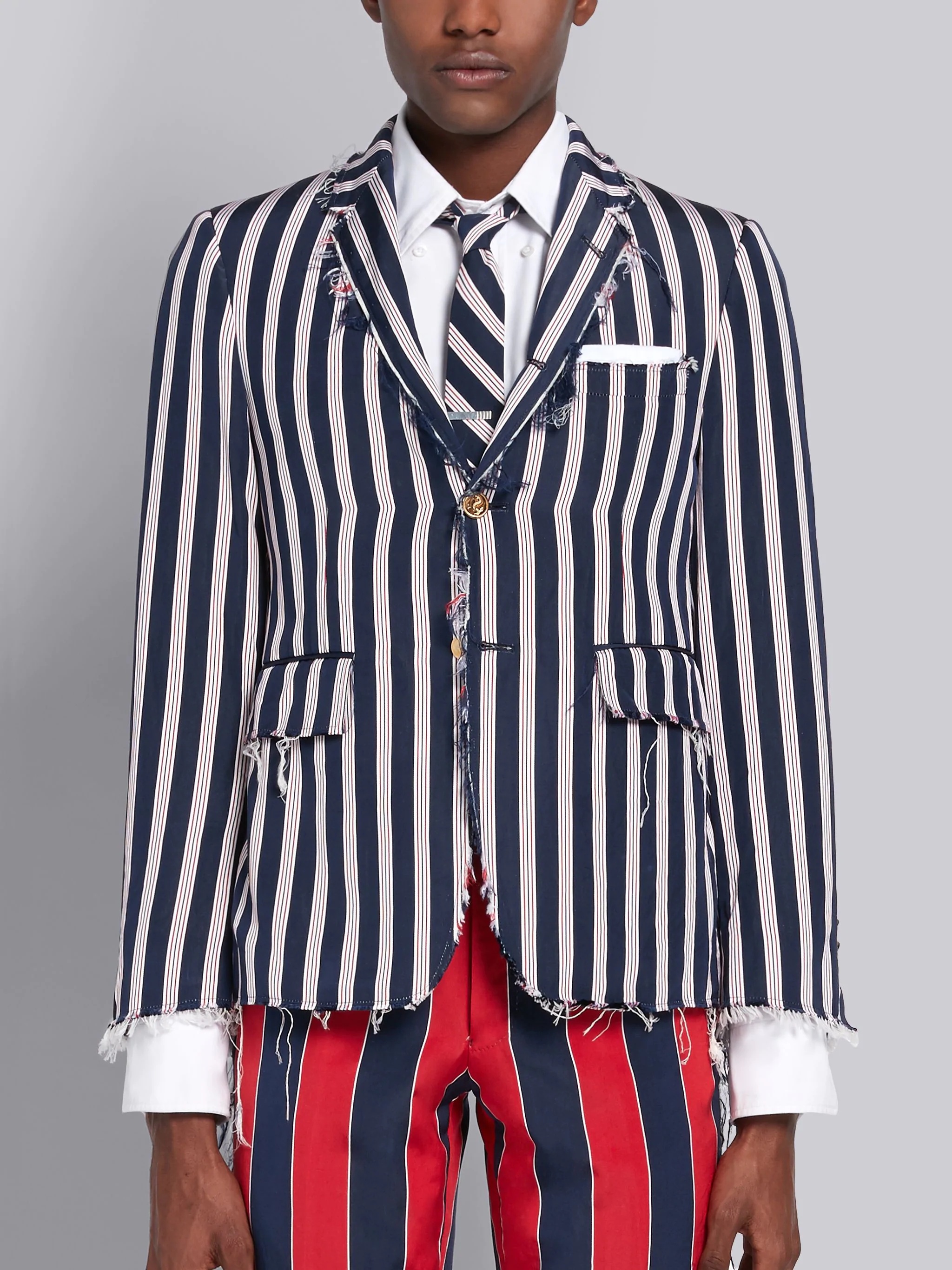 Navy Frayed Tri Color Silk Cotton Frayed Stripe Classic Sport Coat - 1