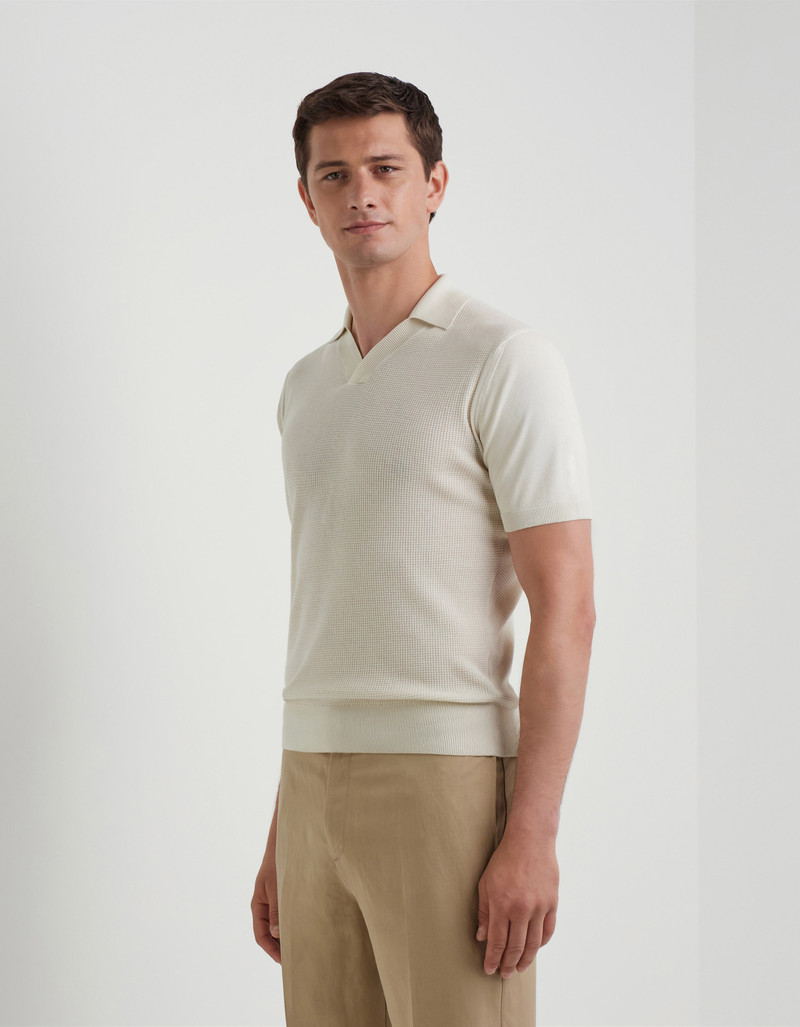 SHORT-SLEEVE OPEN COLLAR POLO IN CREAM COTTON-SILK BLEND 3