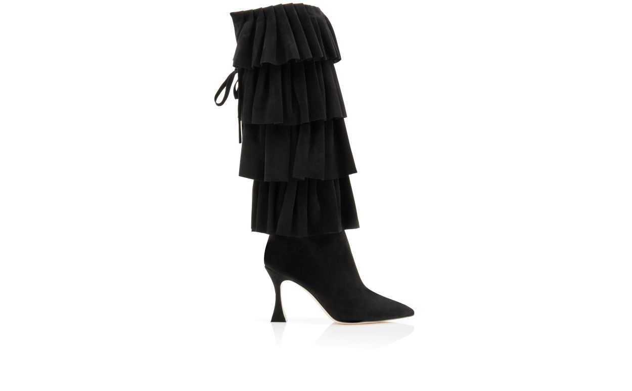 Black Suede Ruffled Knee High Boots - 1