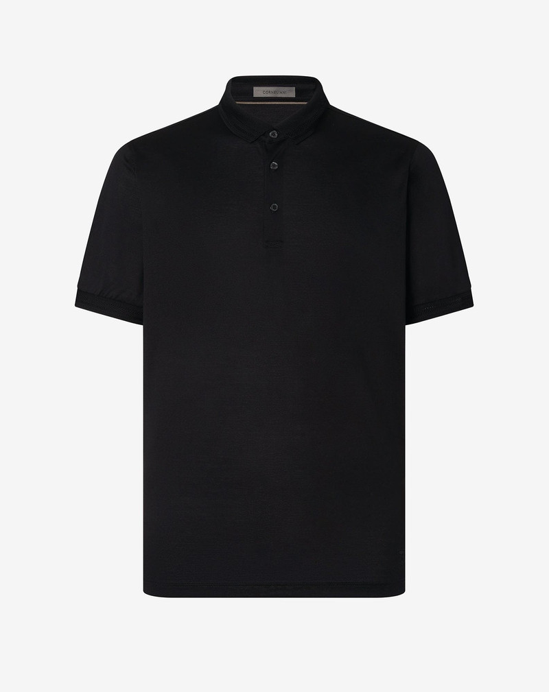 Black button-up polo shirt in lisle cotton 1