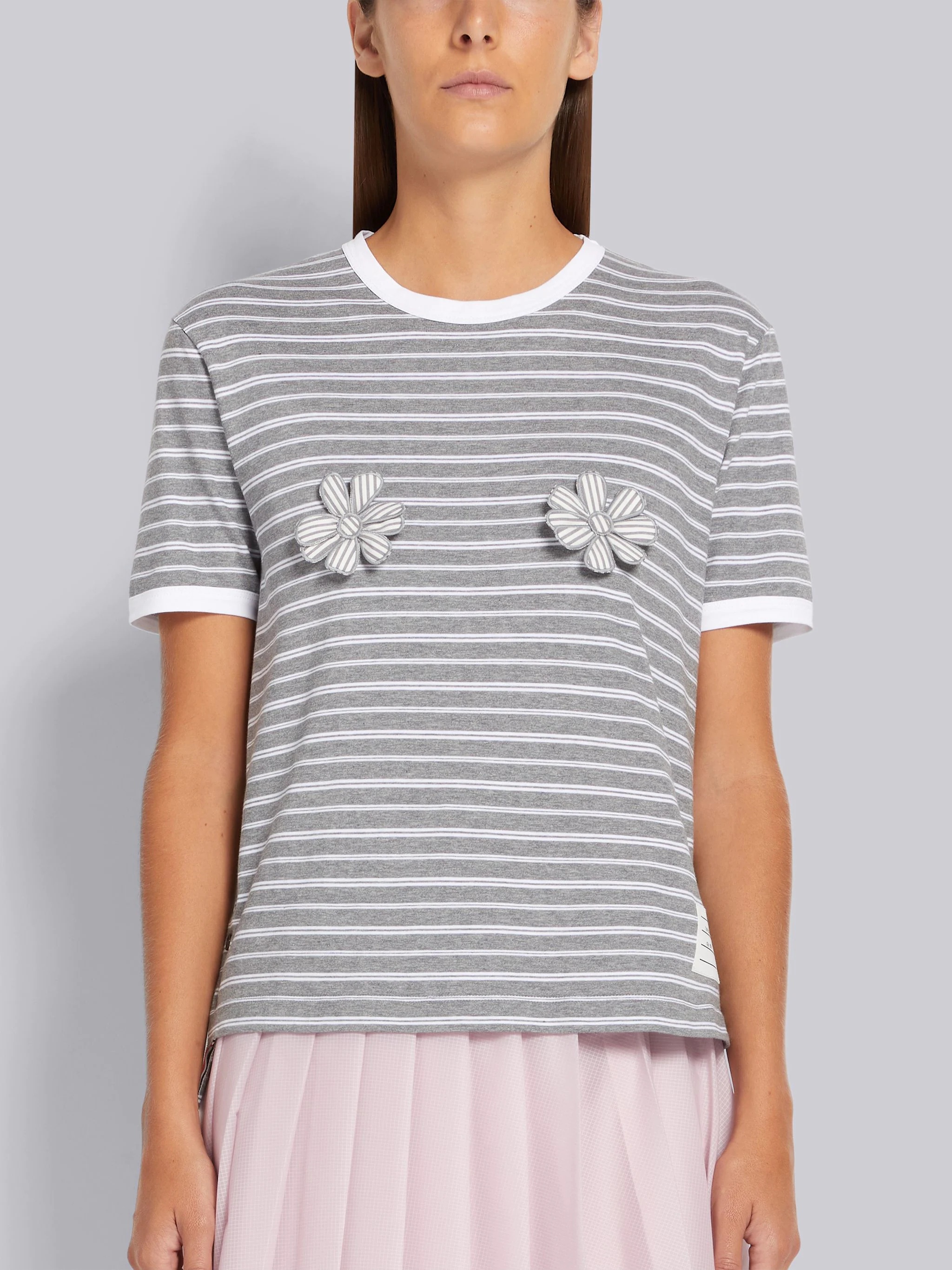 Medium Grey Organic Stripe Jersey Satin Stitch 3d Chest Flower Ringer Tee - 1