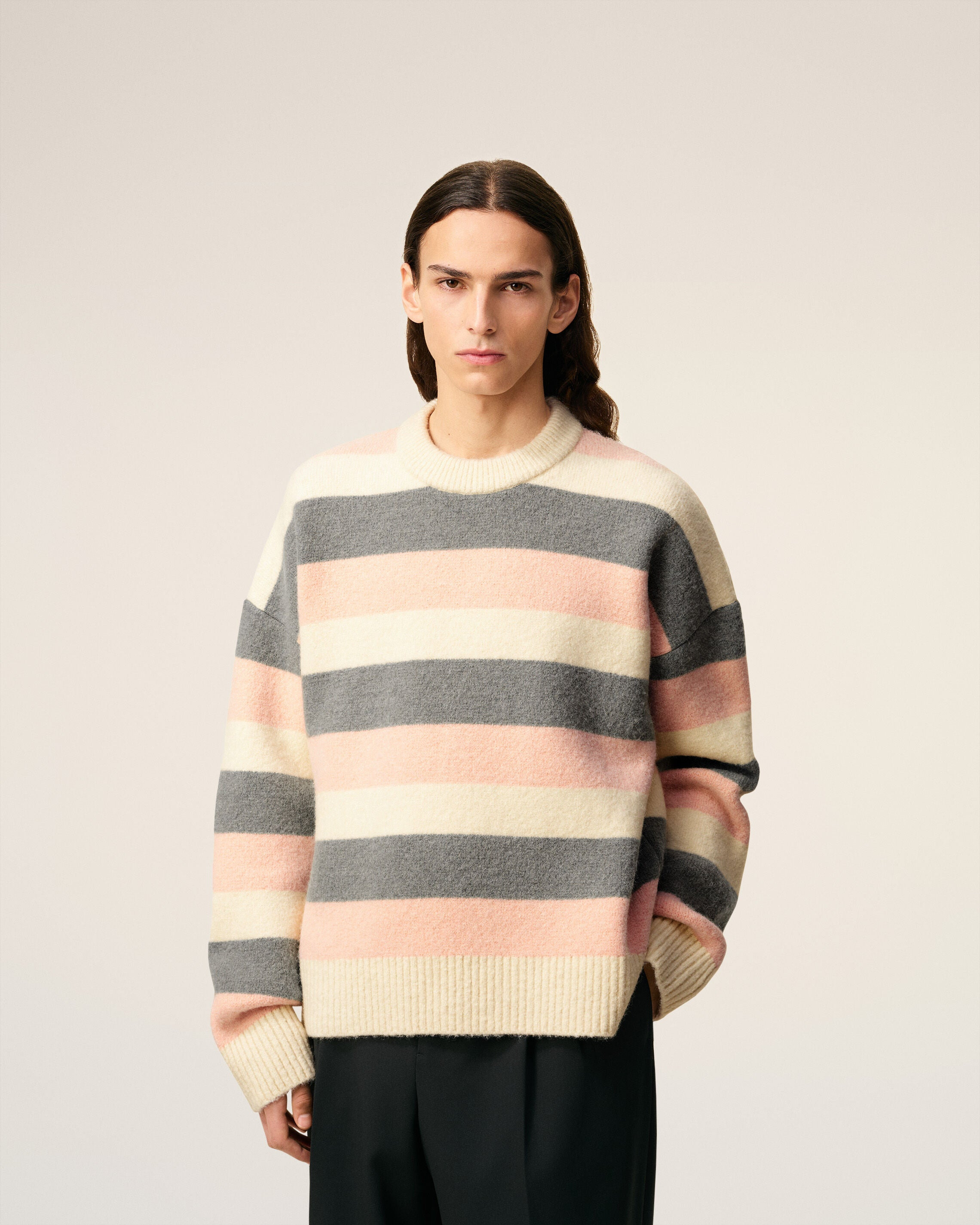 GREY ALPACA STRIPED CREWNECK SWEATER - 3