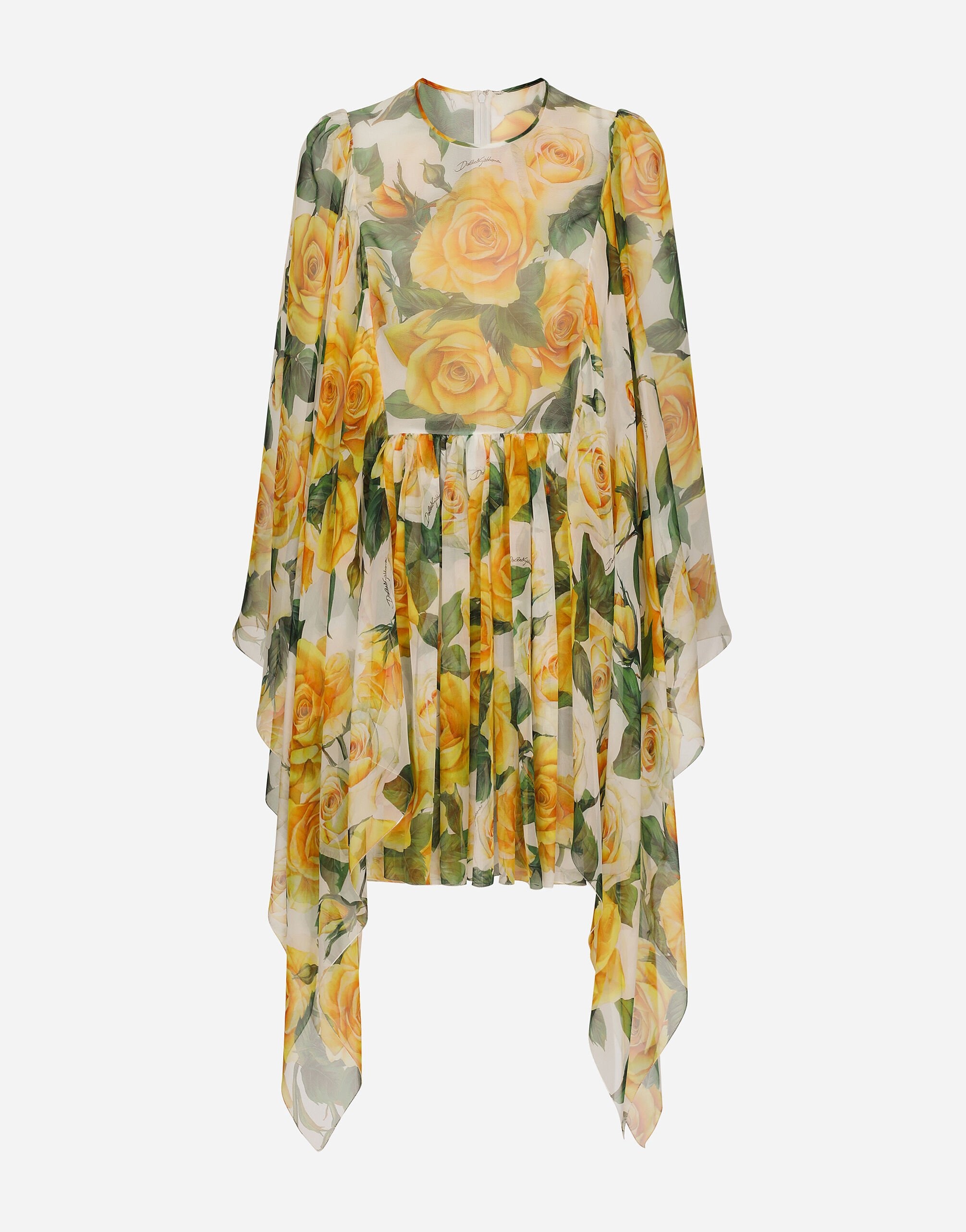 Short silk chiffon dress with yellow rose print - 1