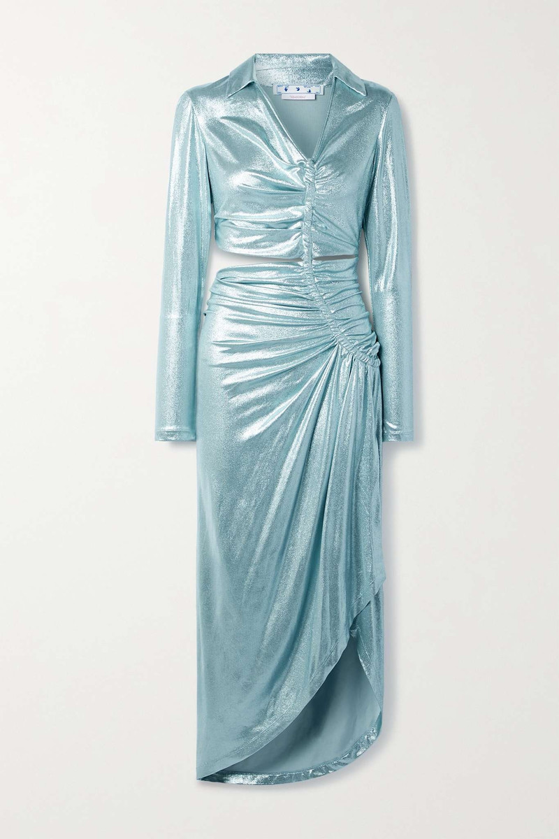 Cutout ruched stretch-lamé midi dress - 1