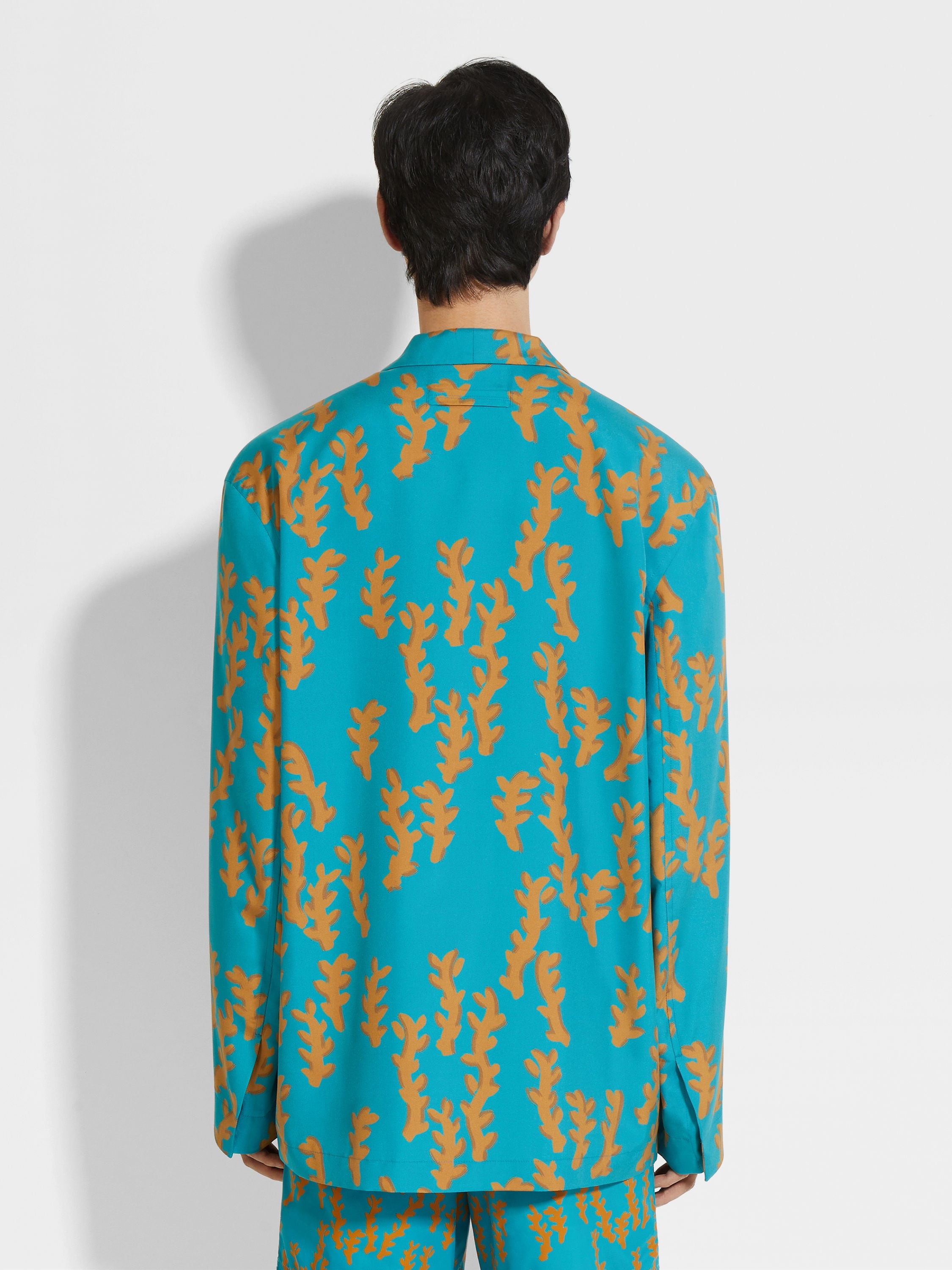 BRIGHT TEAL BLUE AND OCHRE SILK OASI PRINT OVERSHIRT - 5