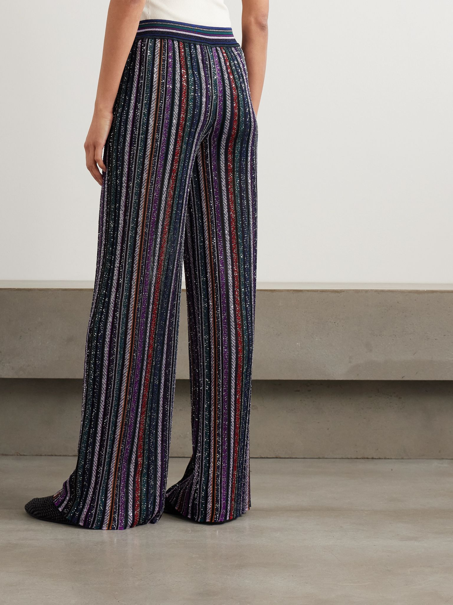 Sequined striped metallic crochet-knit wide-leg pants Black - 4