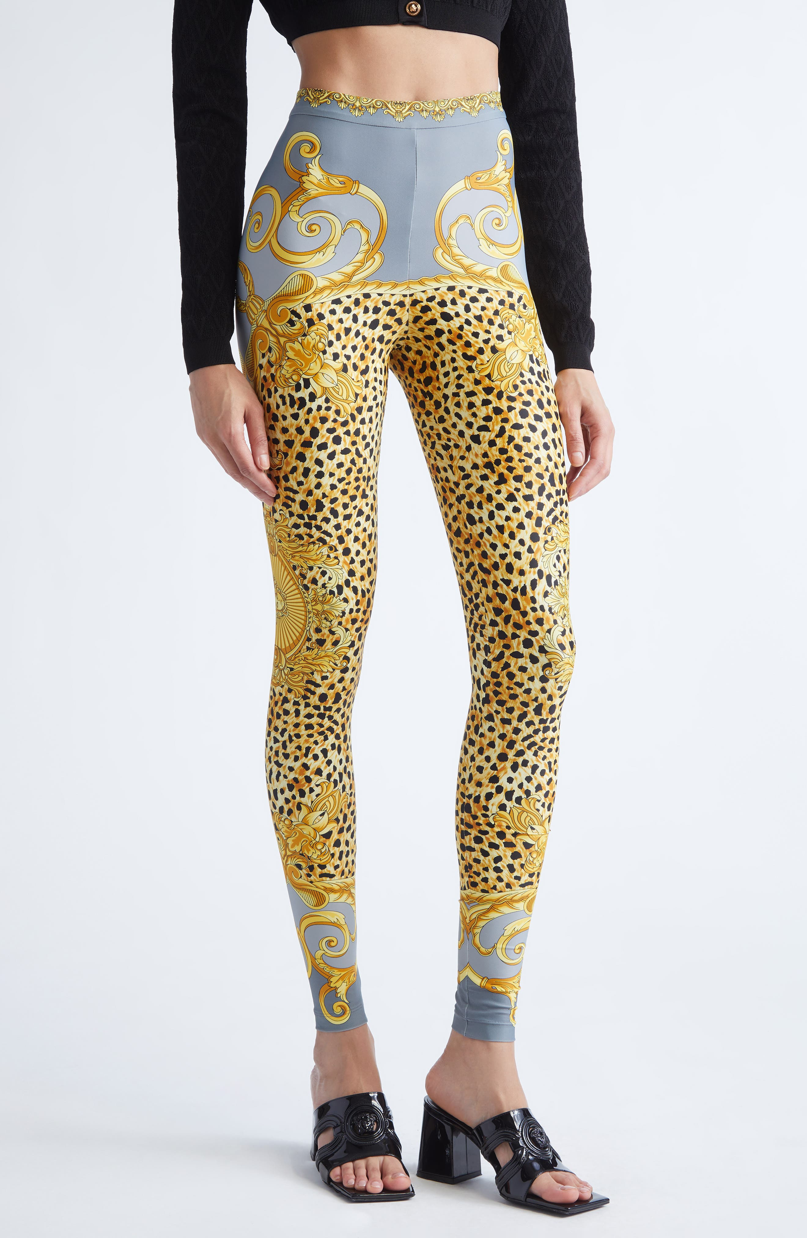 Versace Cheetah Foulard Print Leggings in Light Grey Elephant Grey at Nordstrom - 4