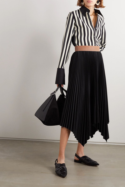 Loewe Leather-trimmed asymmetric pleated crepe midi skirt outlook