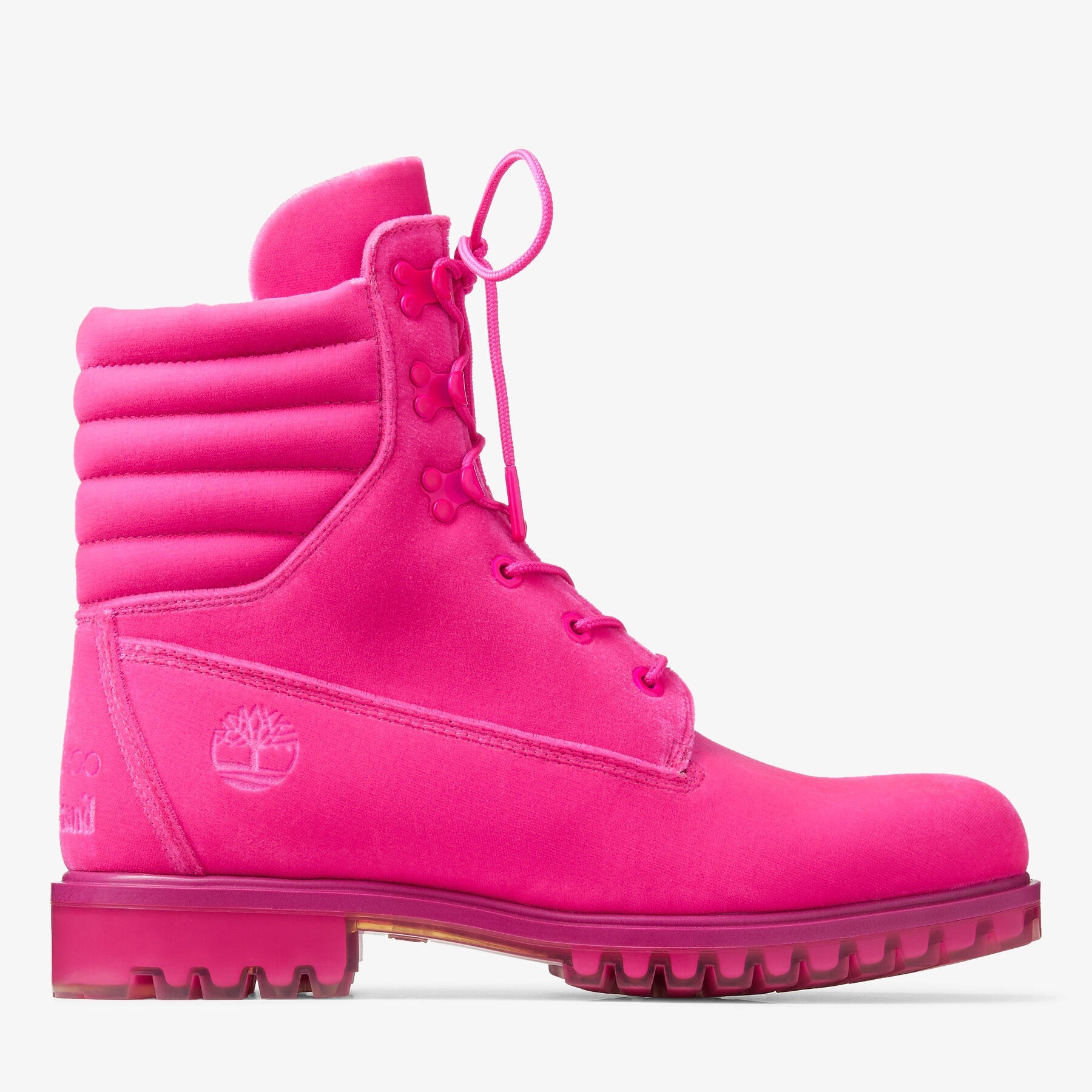JIMMY CHOO X TIMBERLAND 8 INCH PUFFER BOOT
Hot Pink Timberland Velvet Ankle Boots - 1