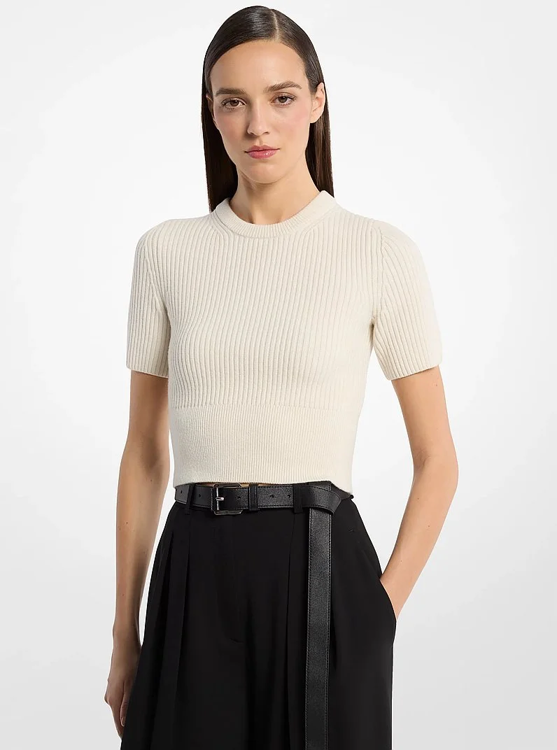 Ribbed Cashmere Three-Quarter Sleeve Cropped Sweater - 1