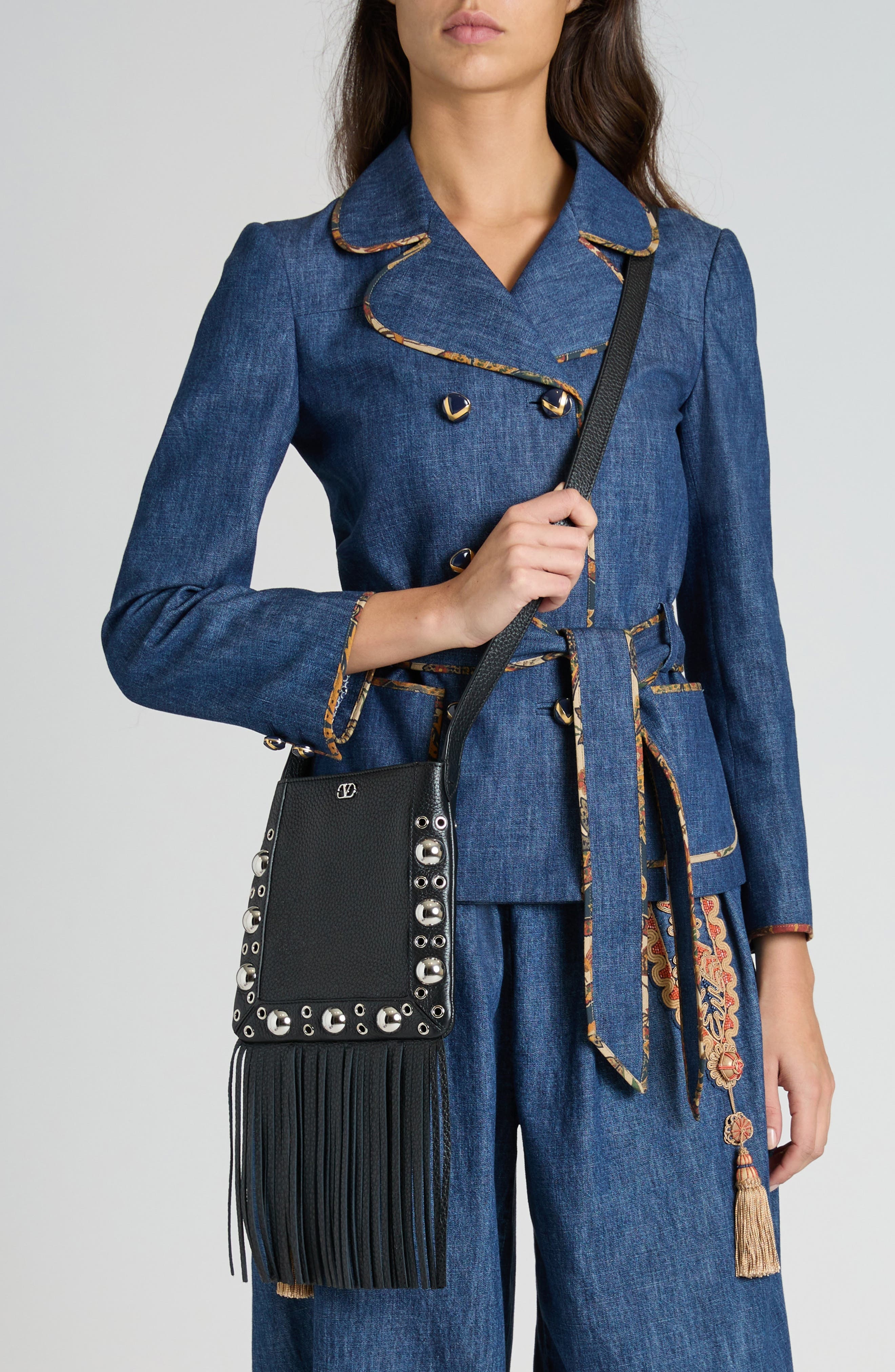 Valentino Garavani Small Nellcôte Fringe Stud Crossbody Bag in 0No Nero at Nordstrom - 3