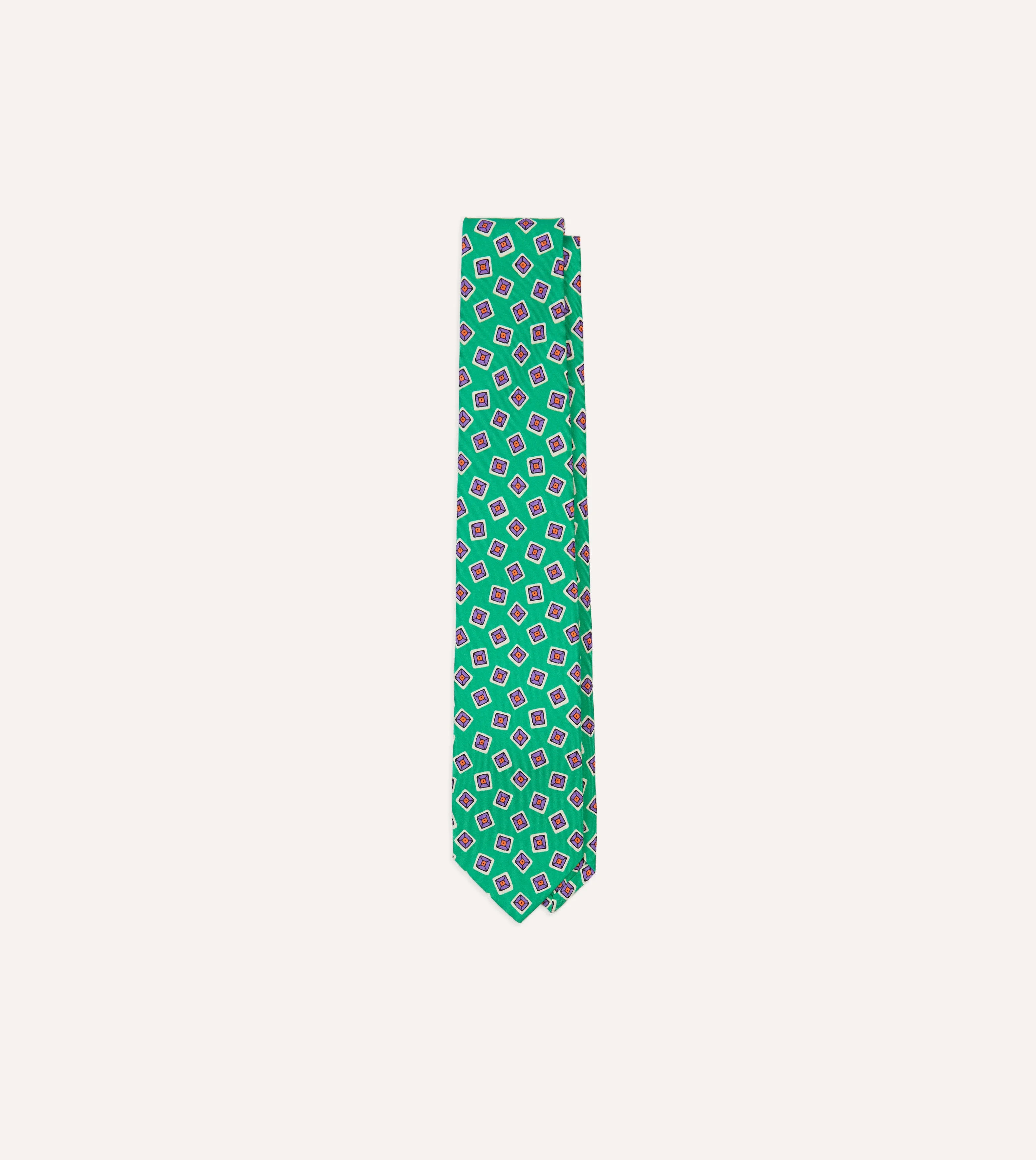 Green Jumbled Tile Print Silk Self Tipped Tie - 1