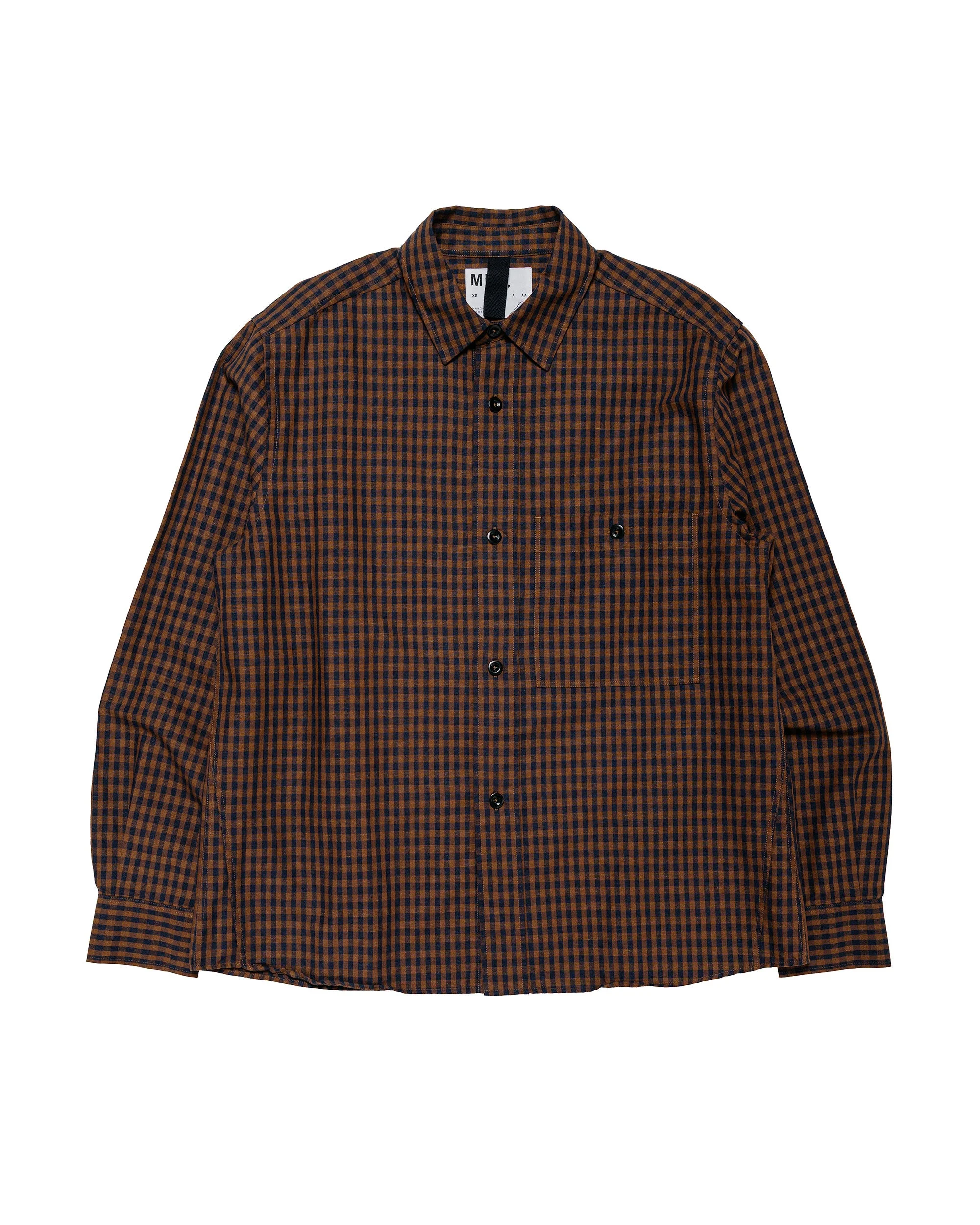 MHL Overall Shirt Irregular Cotton Linen Gingham Chestnut/Ink - 1