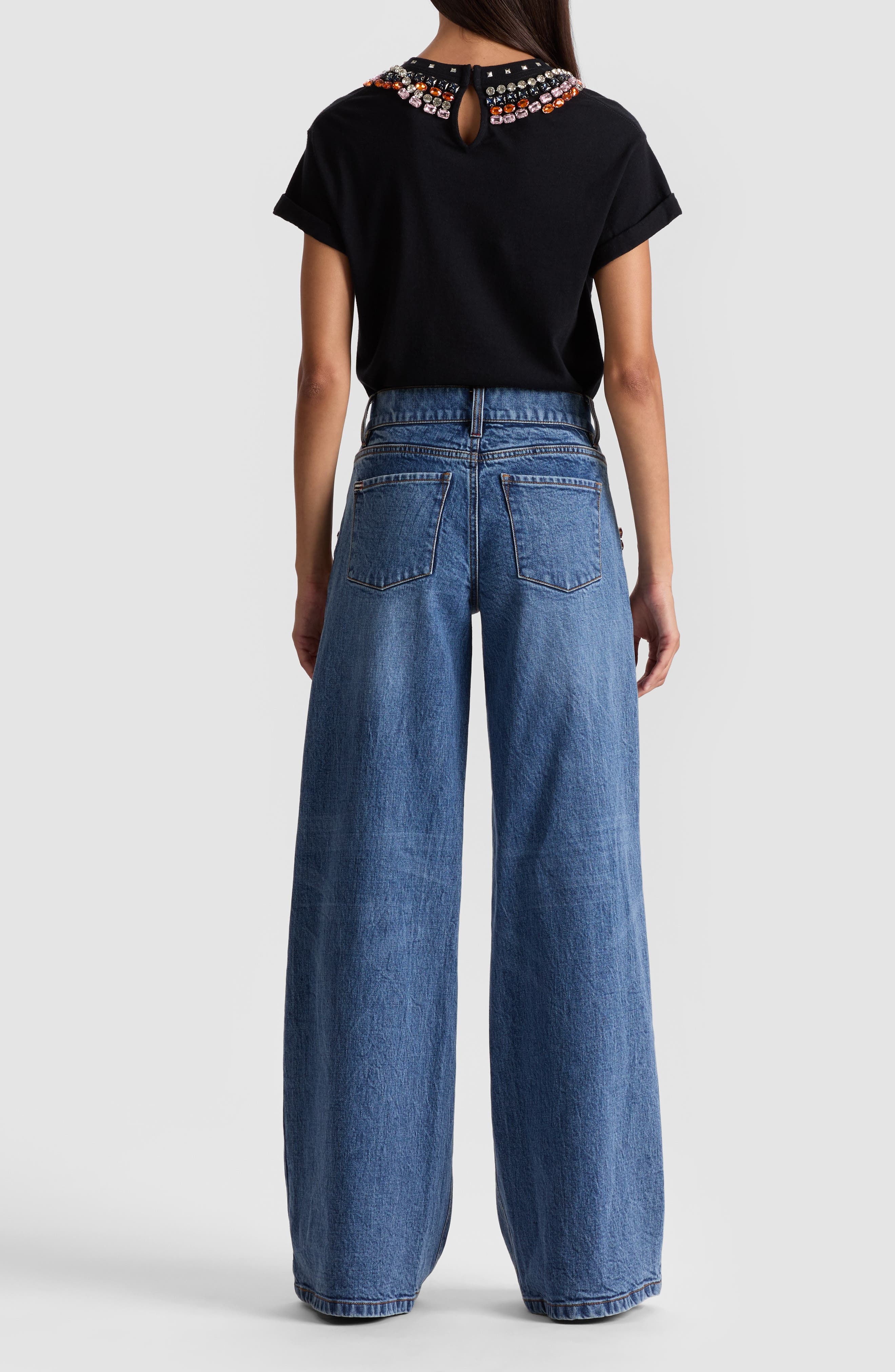 Alice + Olivia Amazing Crystal Detail Baggy Wide Leg Jeans in Brooklyn Blue at Nordstrom - 2