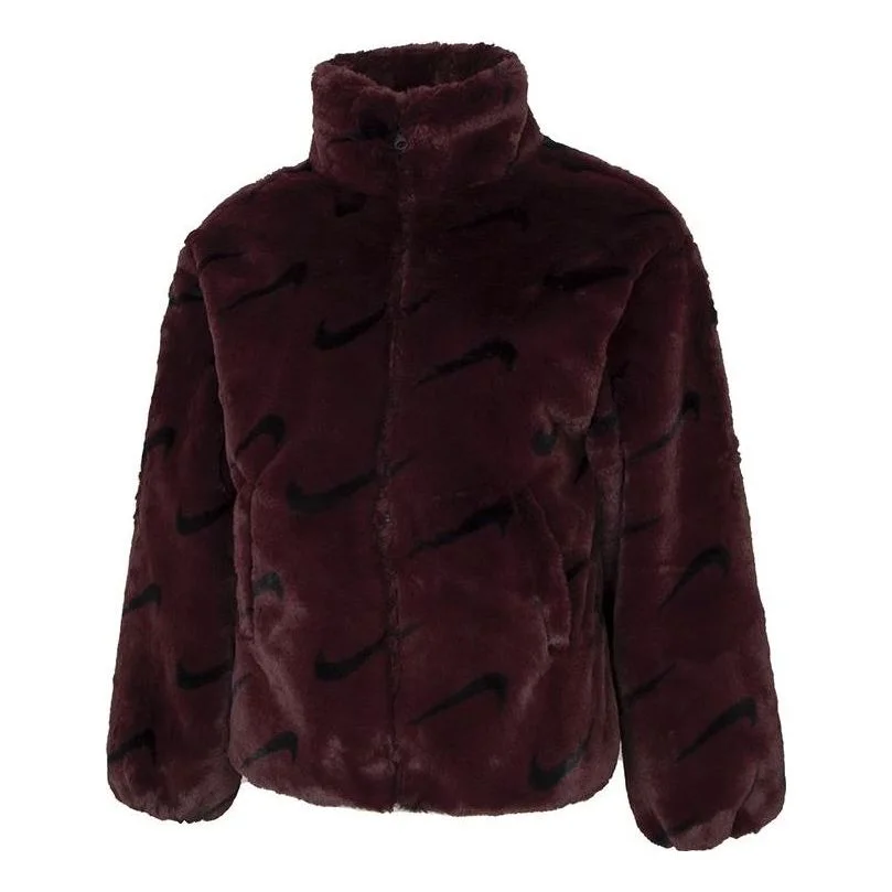 (WMNS) Nike Printed Faux Fur Jacket Asia Sizing 'Burgundy' DQ6843-652 - 1