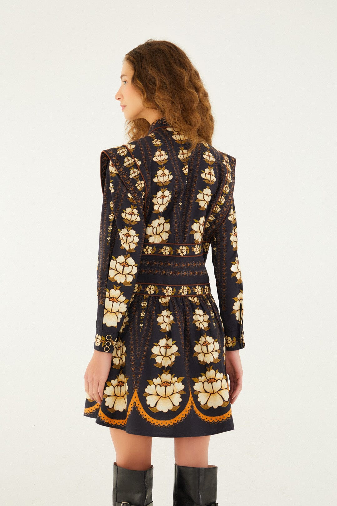 Black Embroidered Flowers Long Sleeve Organic Cotton Mini Dress - 4